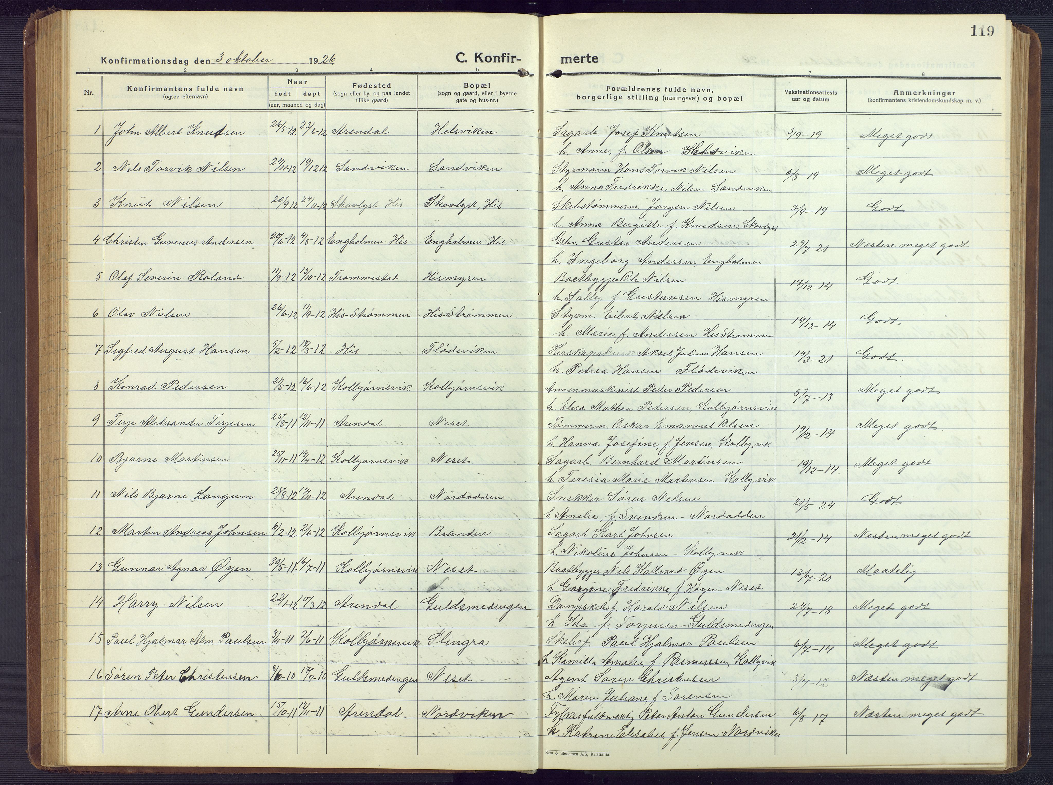 Hisøy sokneprestkontor, SAK/1111-0020/F/Fb/L0005: Parish register (copy) no. B 5, 1924-1946, p. 119