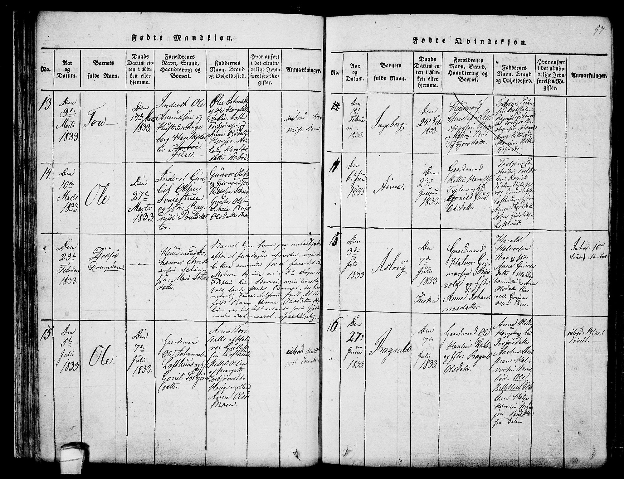 Hjartdal kirkebøker, AV/SAKO-A-270/F/Fa/L0007: Parish register (official) no. I 7, 1815-1843, p. 57