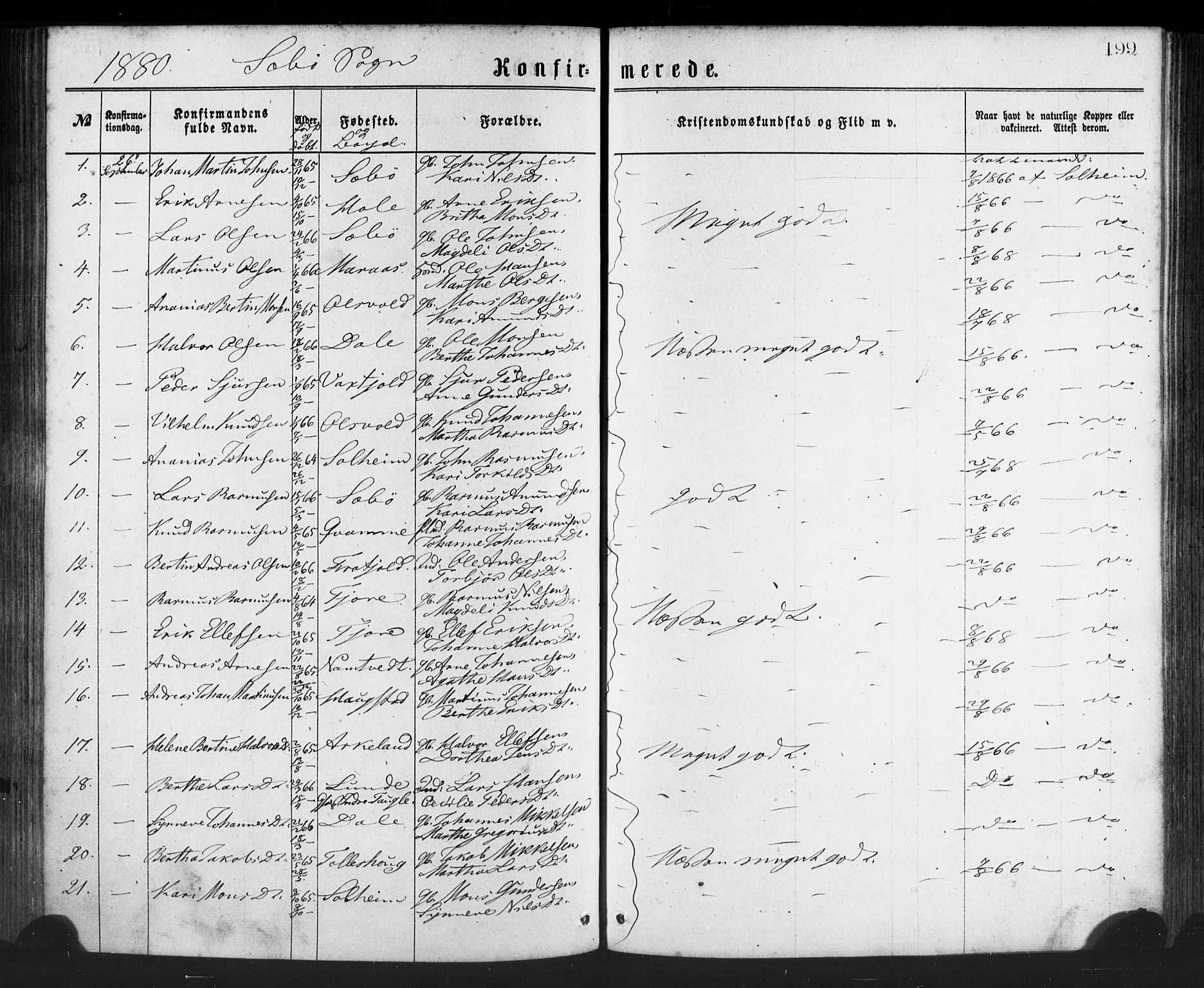 Manger sokneprestembete, SAB/A-76801/H/Haa: Parish register (official) no. A 8, 1871-1880, p. 199