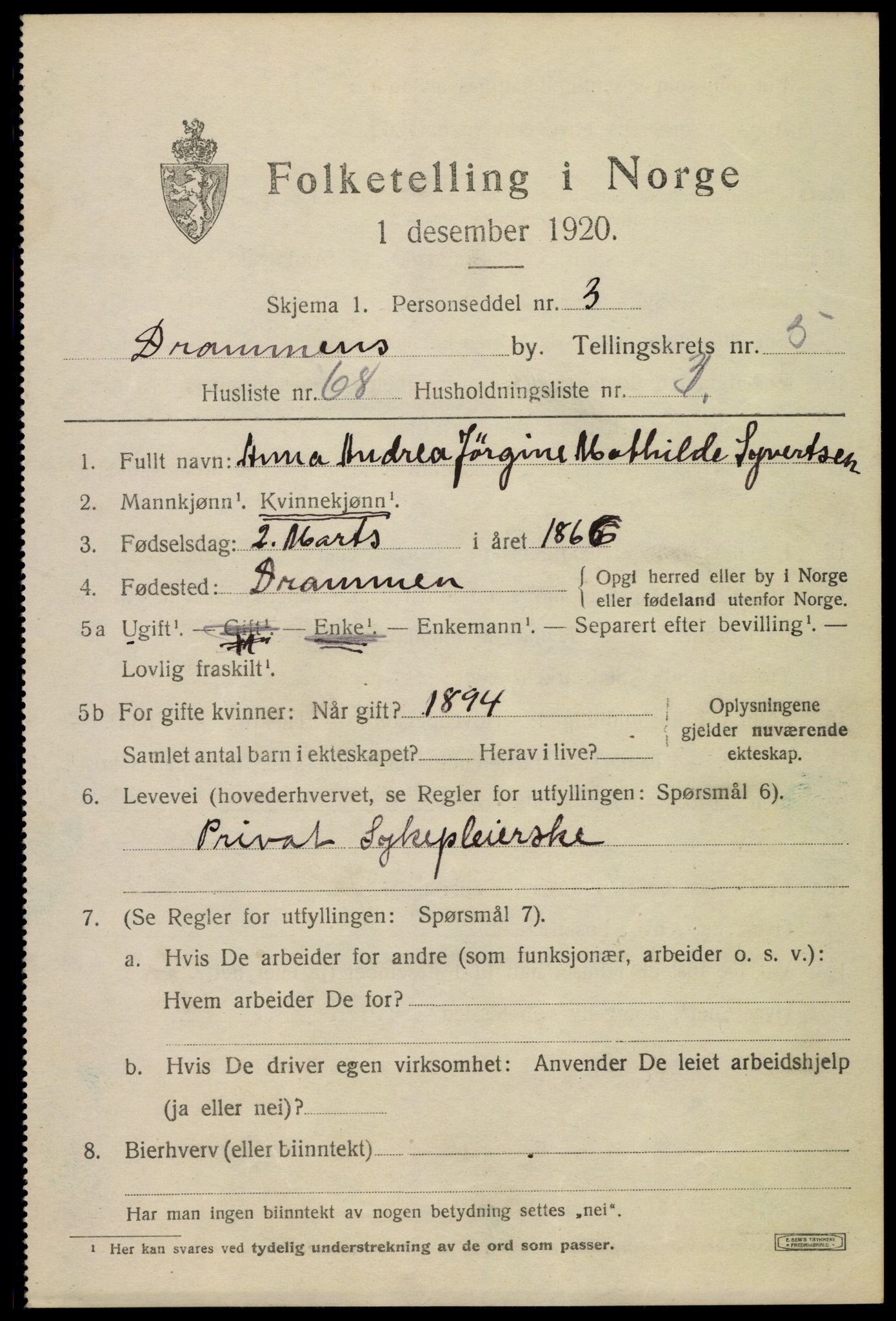 SAKO, 1920 census for Drammen, 1920, p. 37625