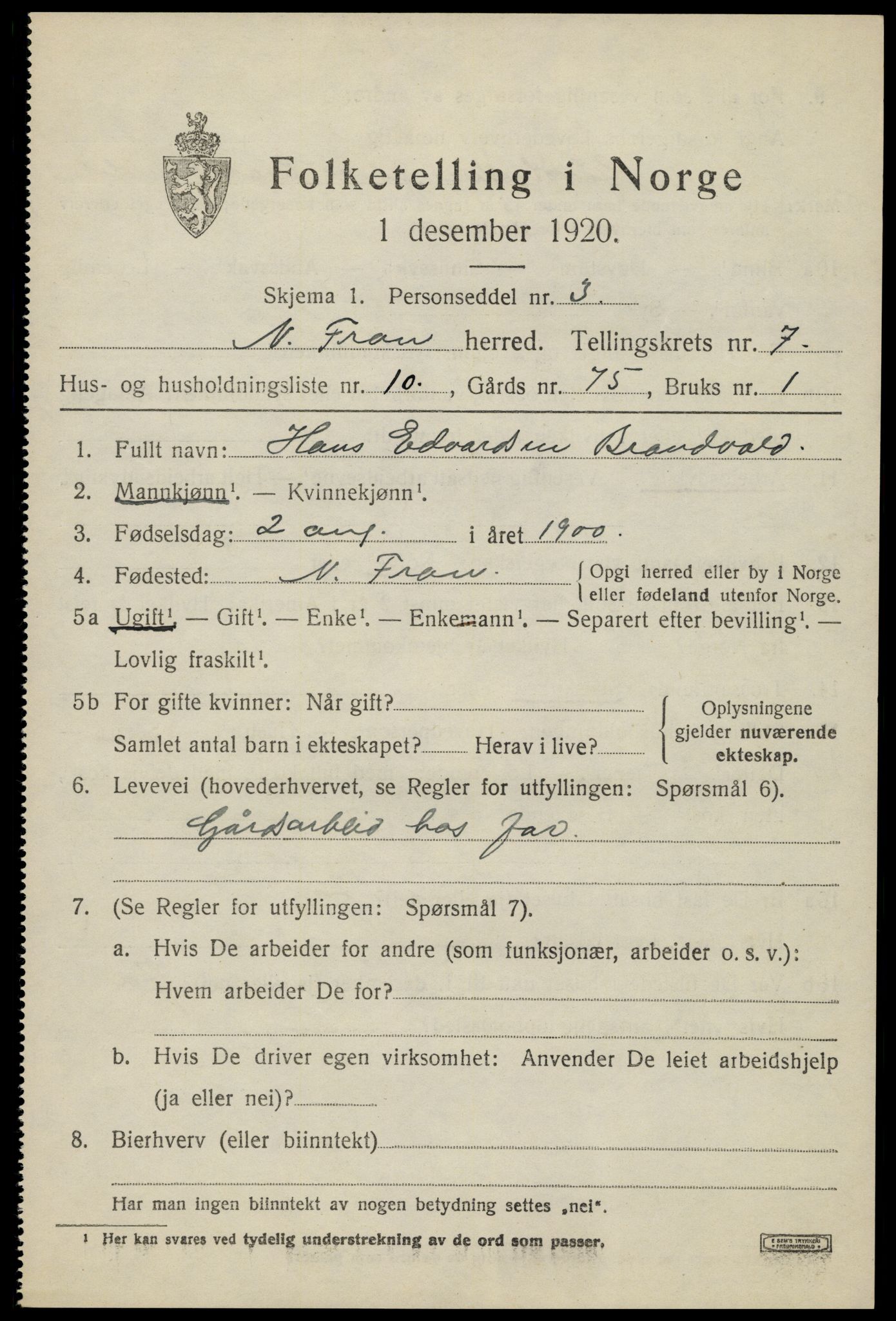 SAH, 1920 census for Nord-Fron, 1920, p. 6068