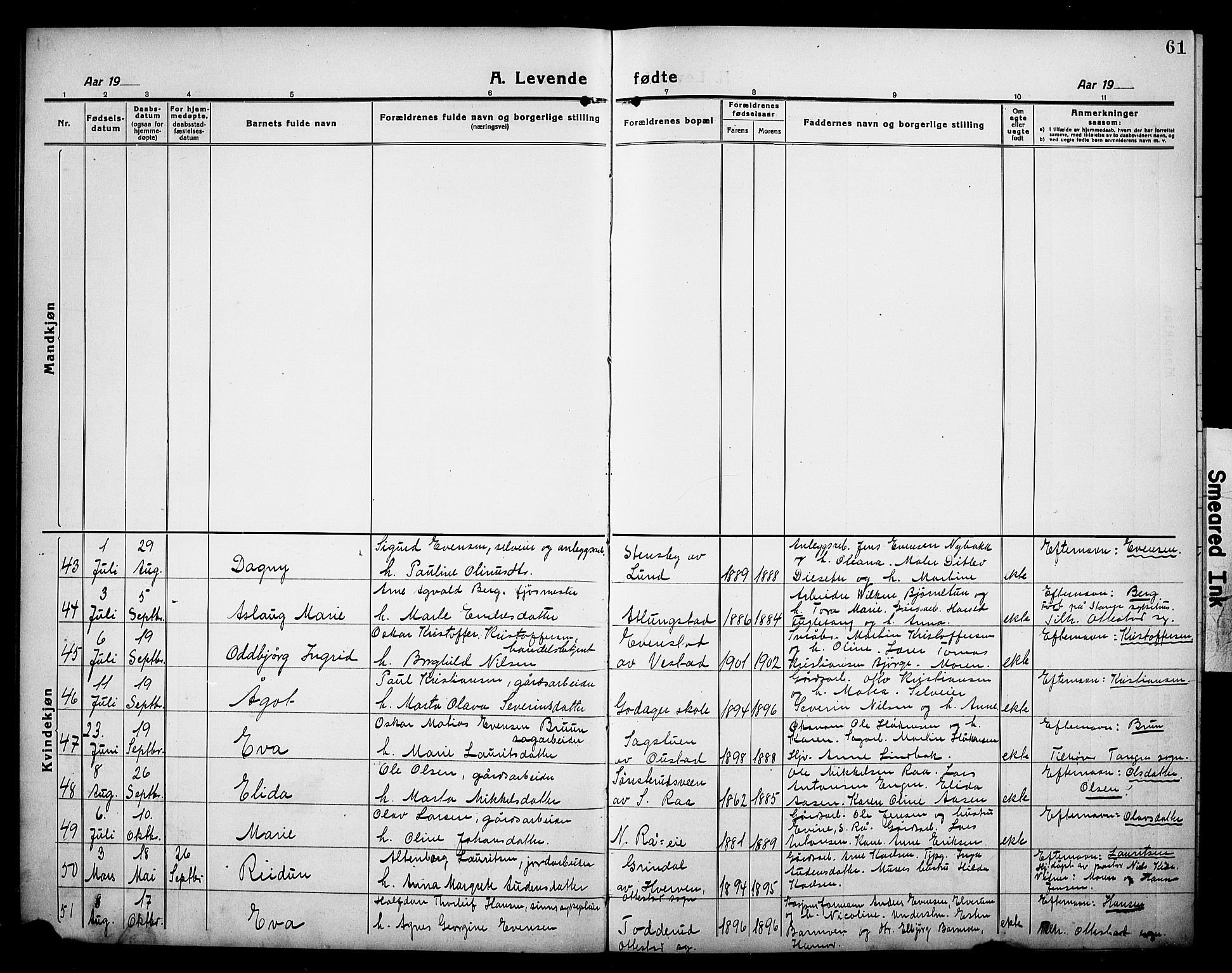 Stange prestekontor, AV/SAH-PREST-002/L/L0016: Parish register (copy) no. 16, 1918-1928, p. 61