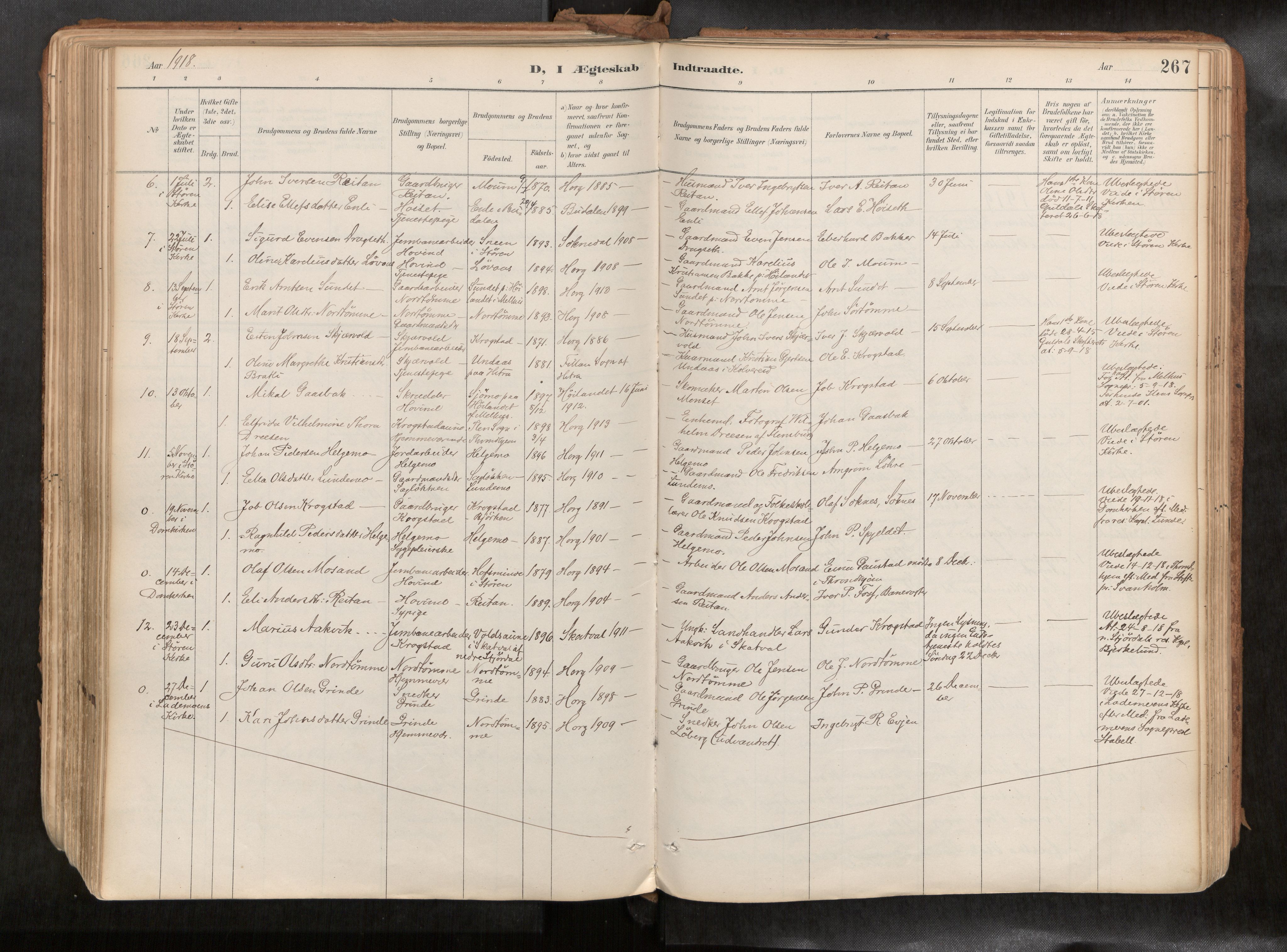 Ministerialprotokoller, klokkerbøker og fødselsregistre - Sør-Trøndelag, SAT/A-1456/692/L1105b: Parish register (official) no. 692A06, 1891-1934, p. 267