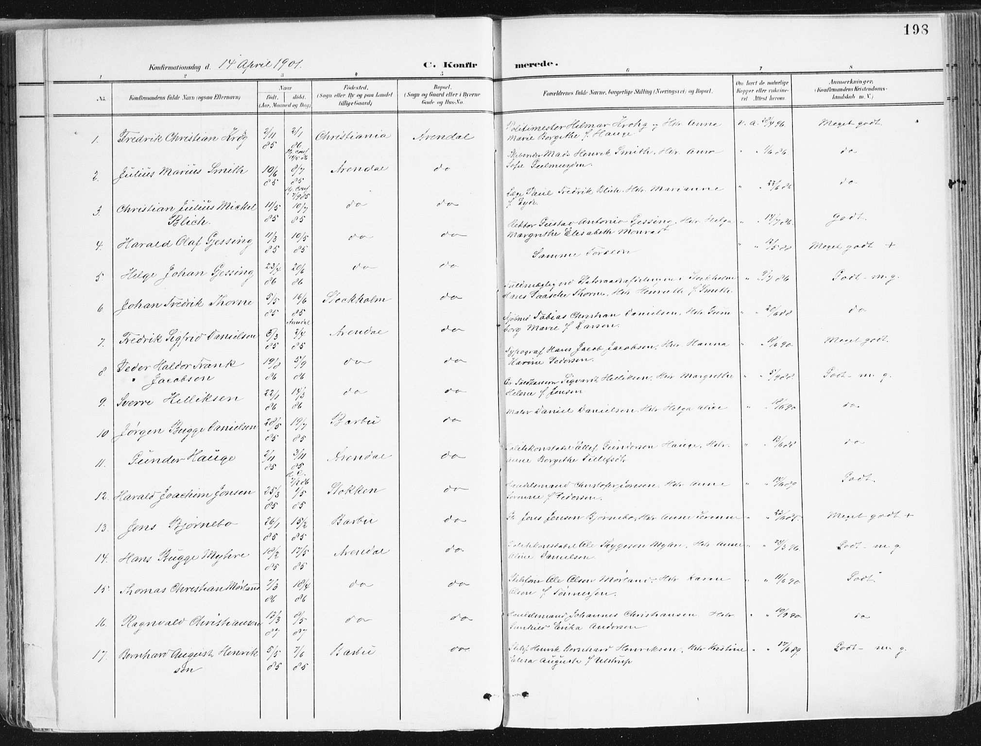 Arendal sokneprestkontor, Trefoldighet, SAK/1111-0040/F/Fa/L0010: Parish register (official) no. A 10, 1900-1919, p. 198
