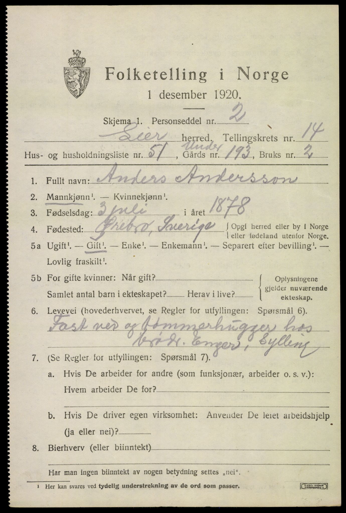 SAKO, 1920 census for Lier, 1920, p. 22606