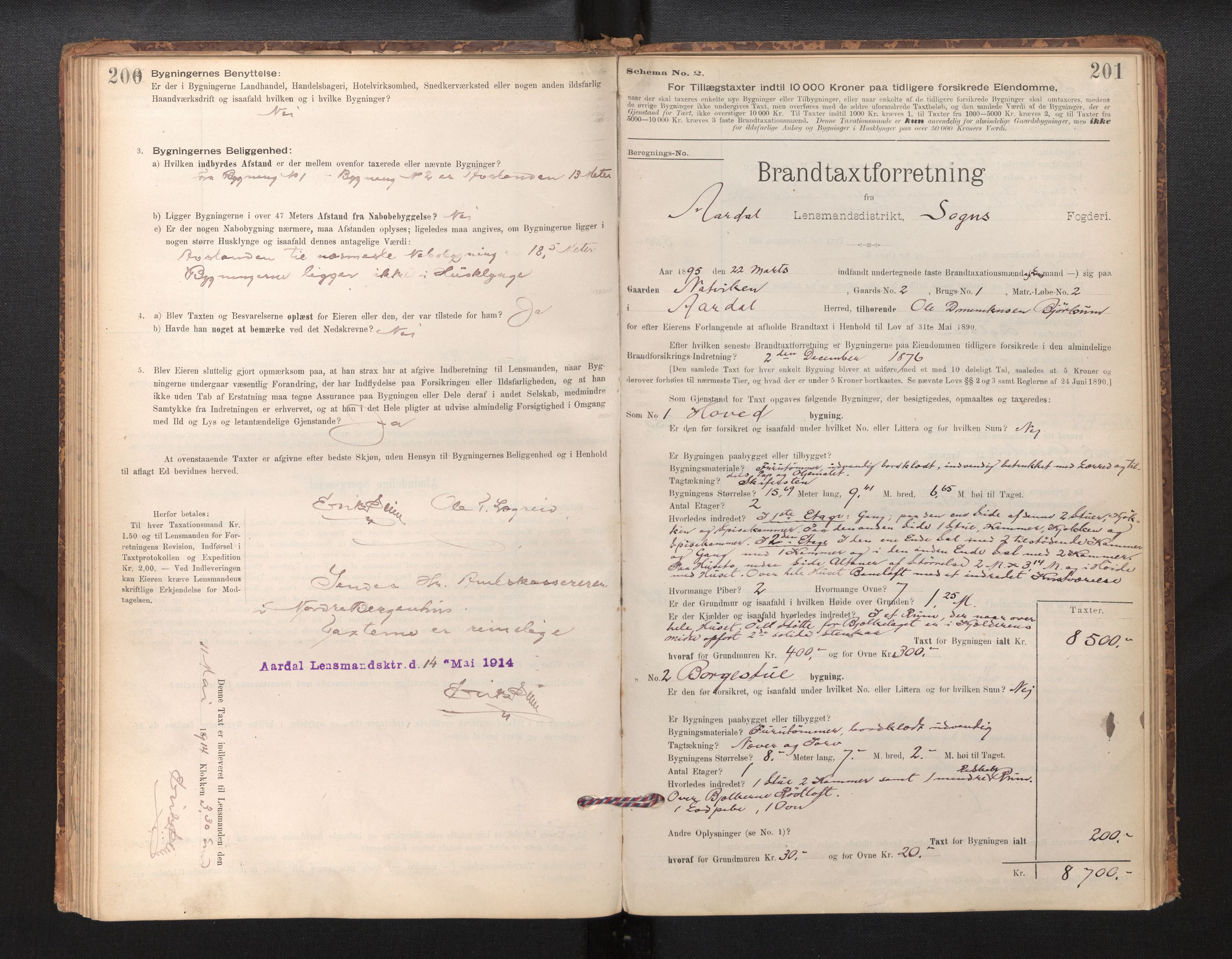 Lensmannen i Årdal, AV/SAB-A-30501/0012/L0008: Branntakstprotokoll, skjematakst, 1895-1915, p. 200-201
