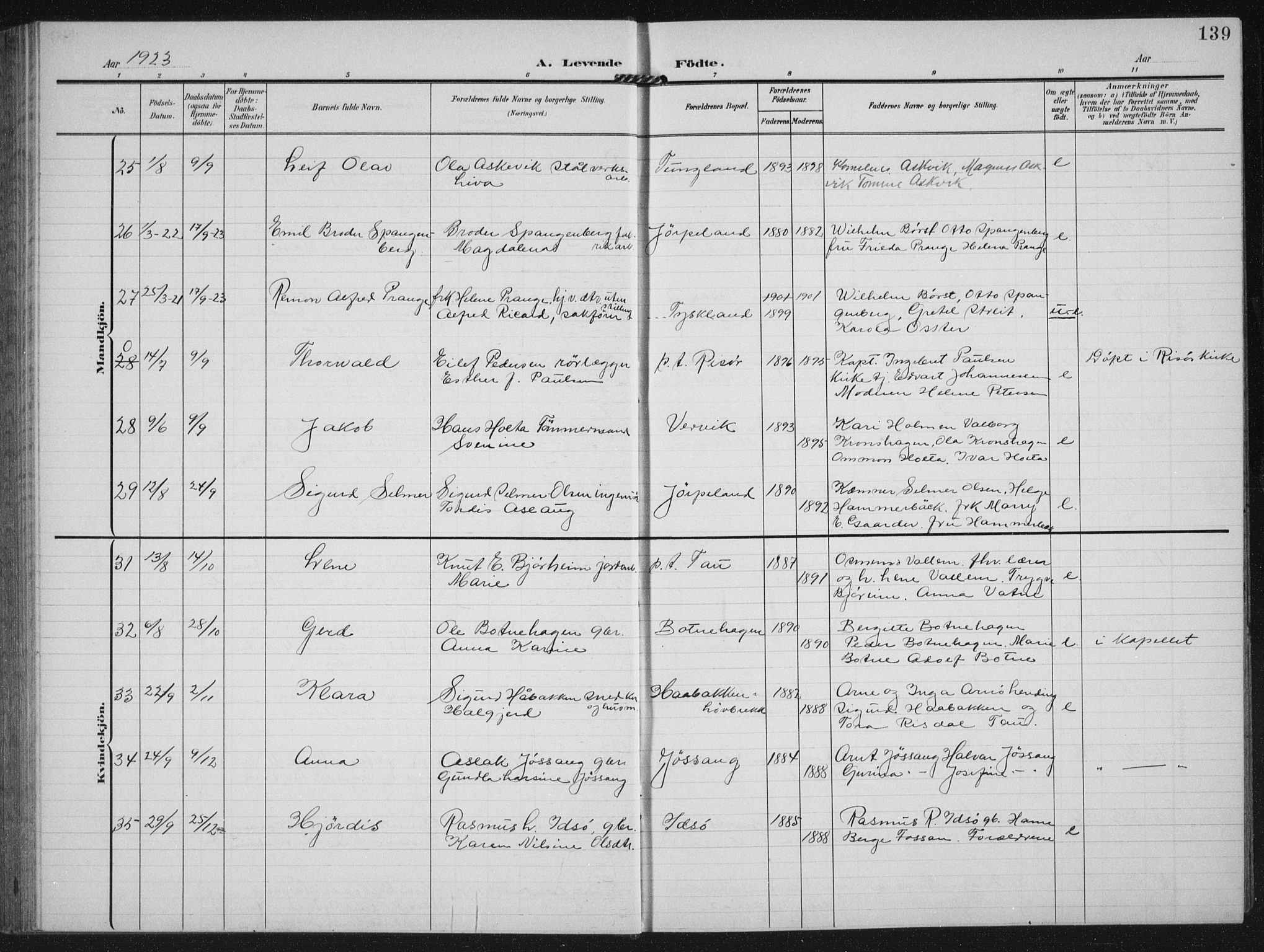 Strand sokneprestkontor, AV/SAST-A-101828/H/Ha/Hab/L0005: Parish register (copy) no. B 5, 1904-1934, p. 139