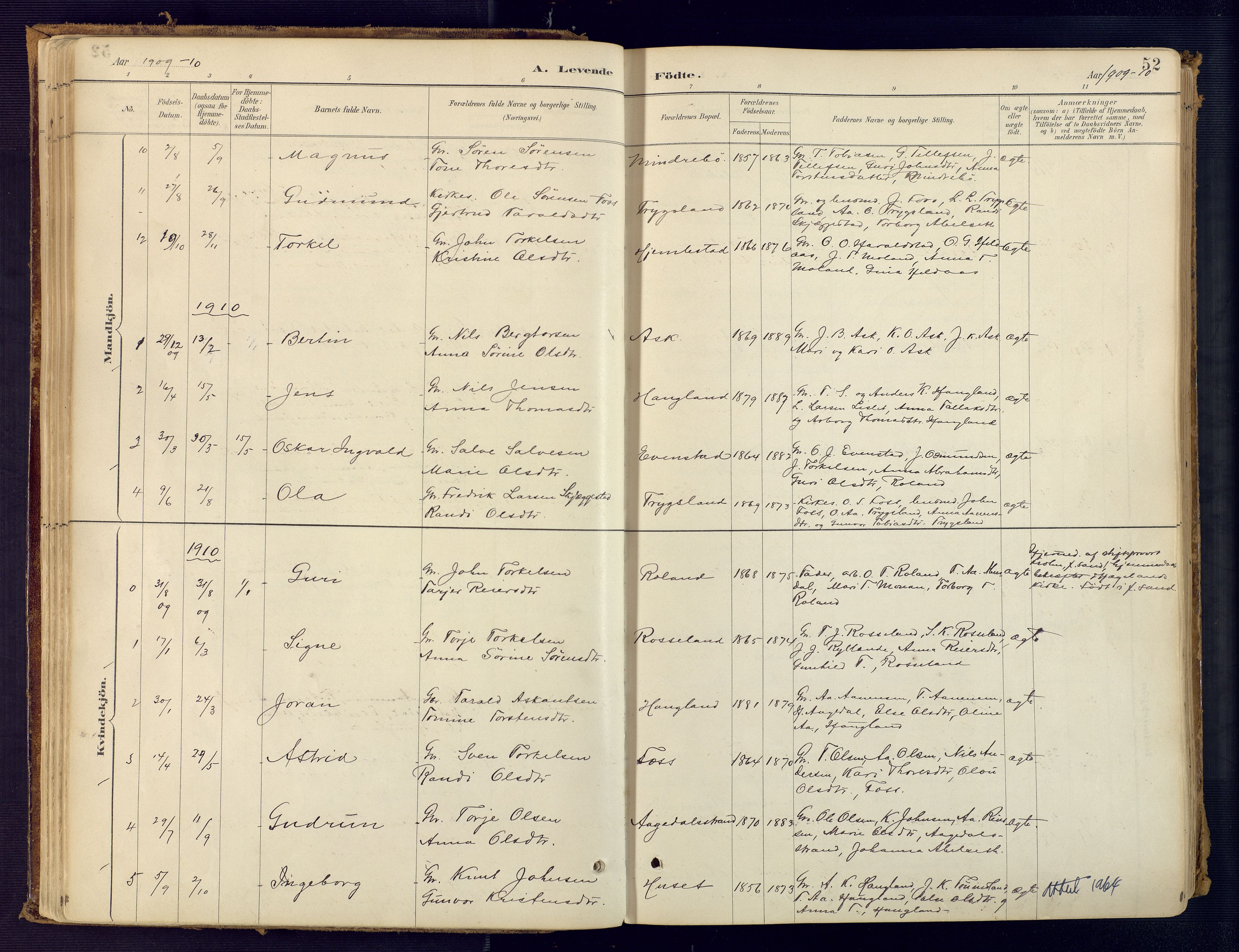 Bjelland sokneprestkontor, SAK/1111-0005/F/Fa/Faa/L0004: Parish register (official) no. A 4, 1887-1923, p. 52