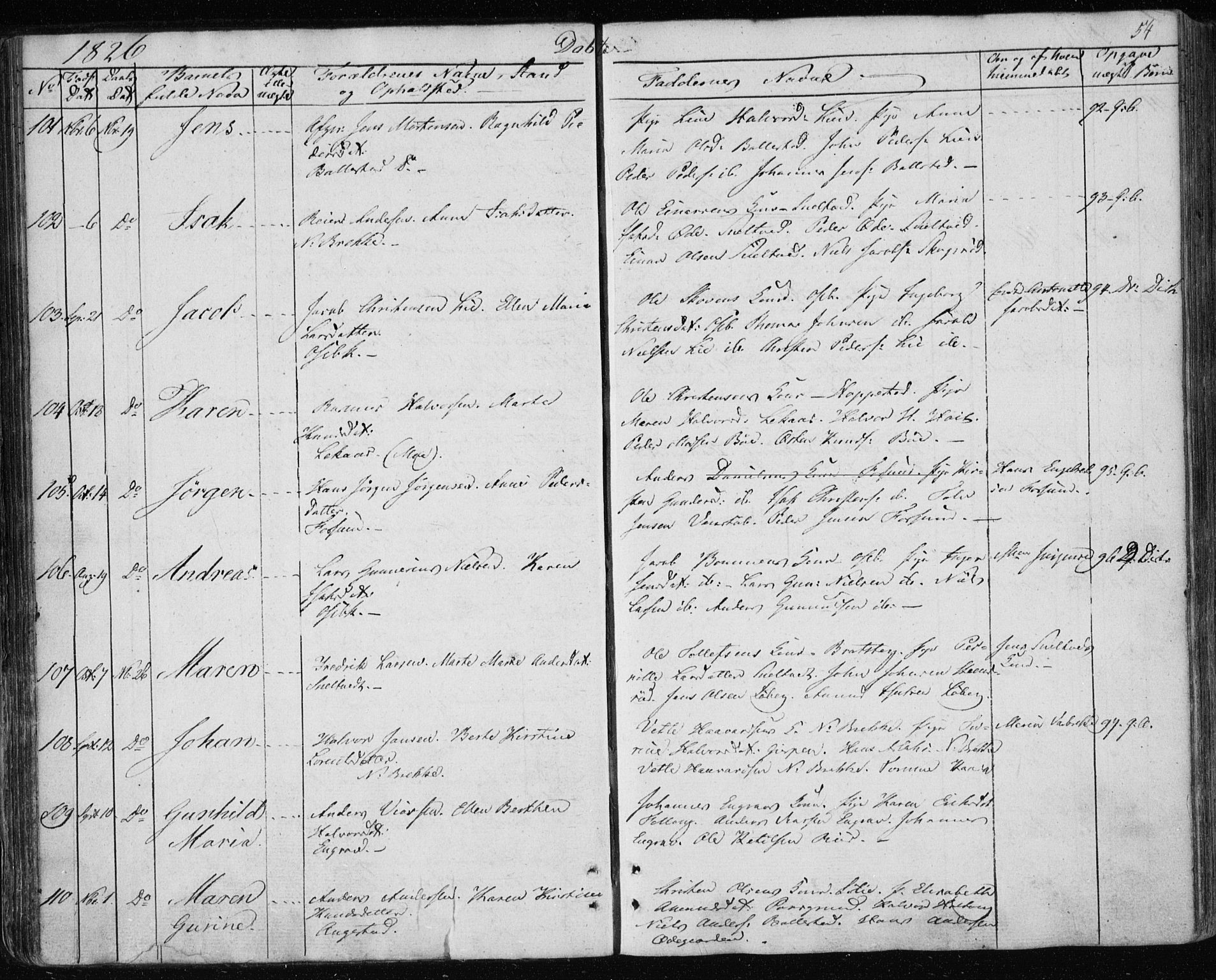 Gjerpen kirkebøker, SAKO/A-265/F/Fa/L0005: Parish register (official) no. I 5, 1823-1829, p. 54