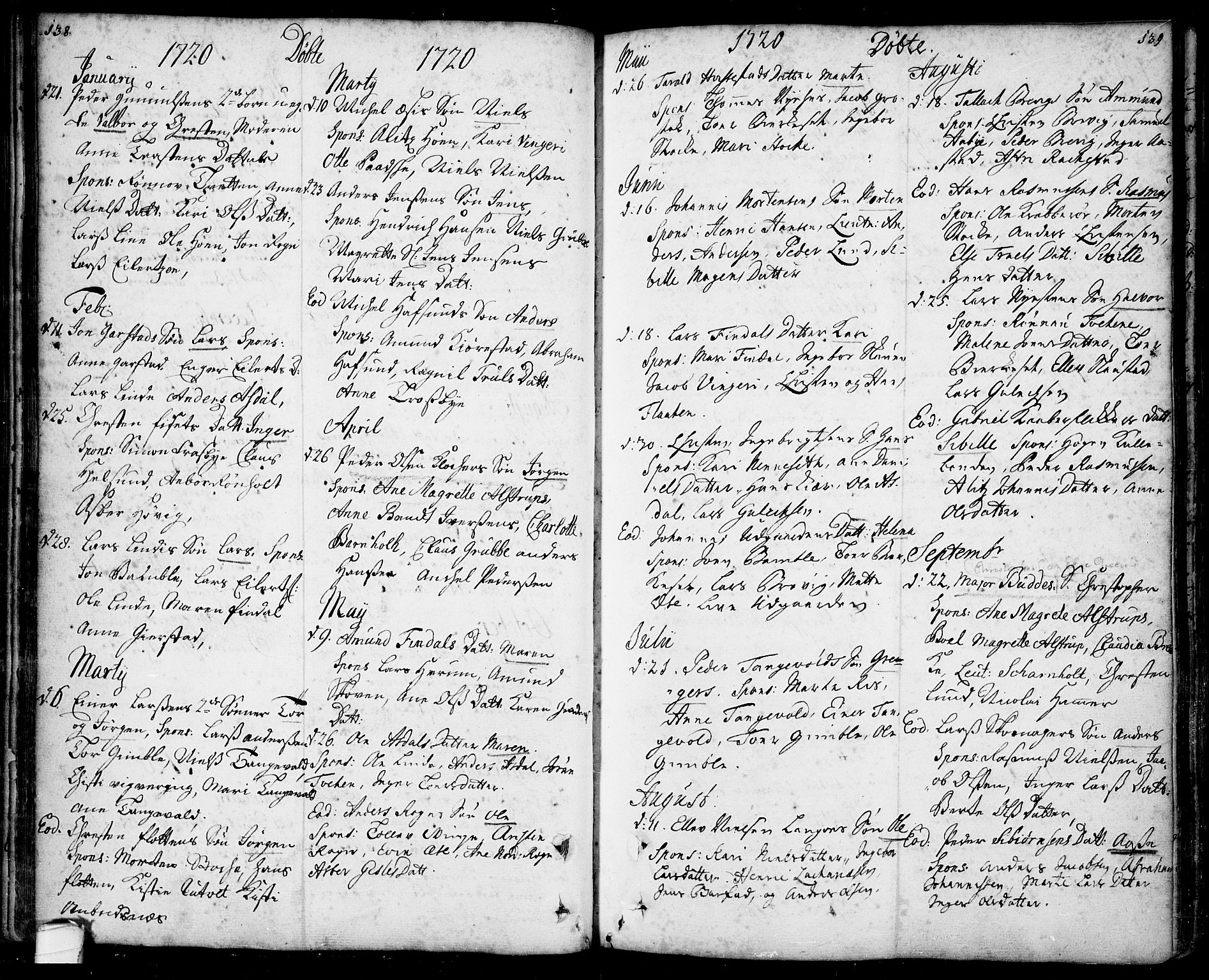 Bamble kirkebøker, SAKO/A-253/F/Fa/L0001: Parish register (official) no. I 1, 1702-1774, p. 138-139