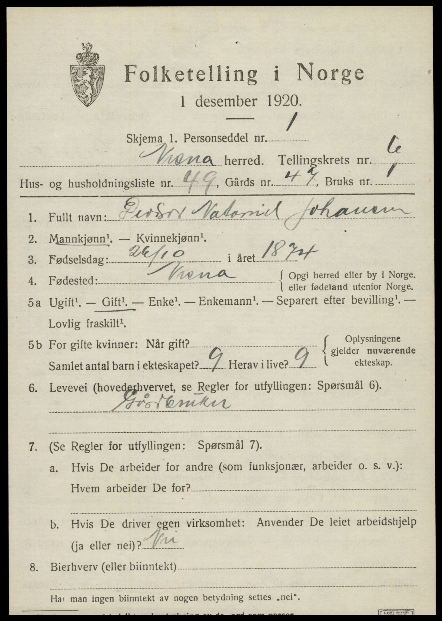 SAT, 1920 census for Nesna, 1920, p. 5073