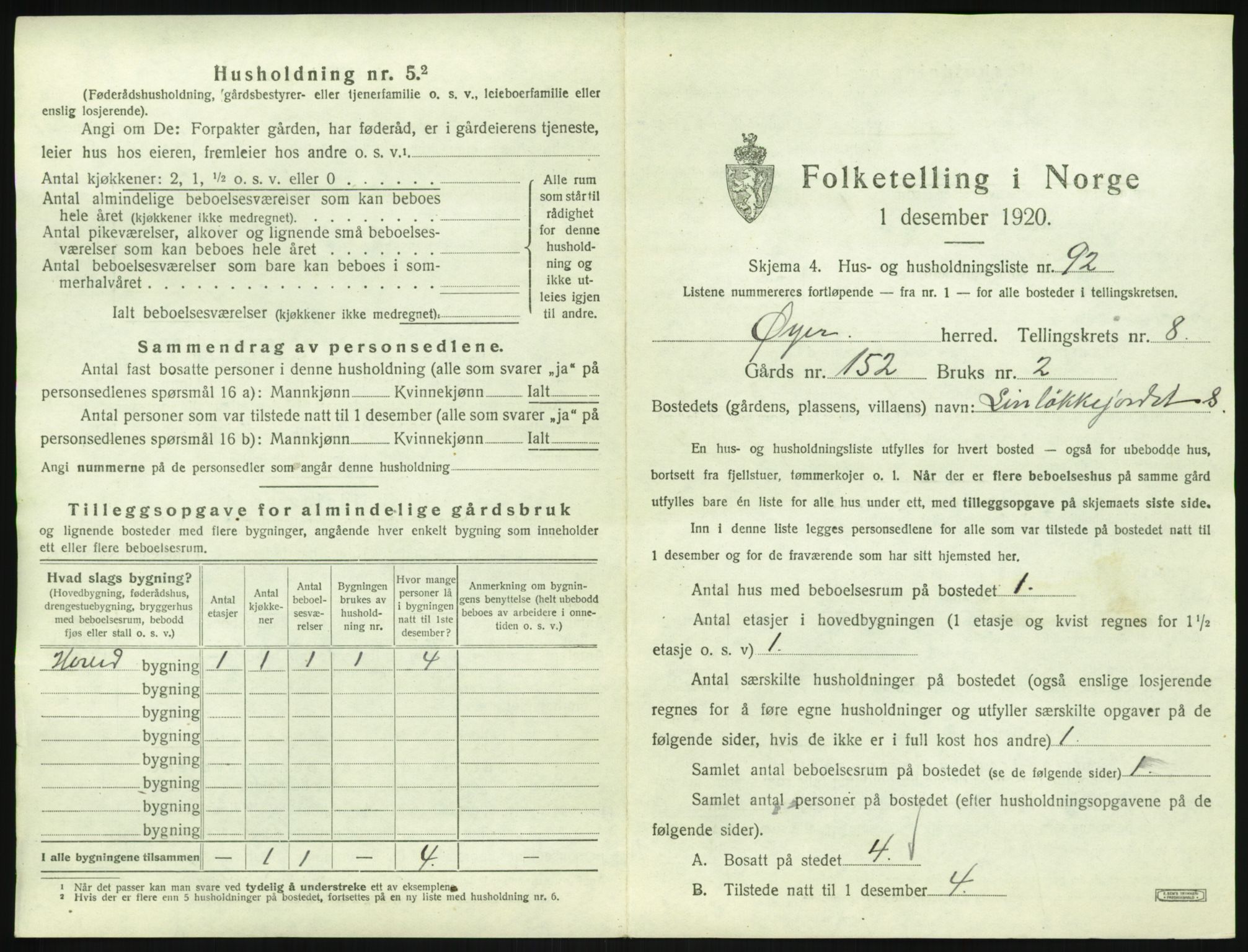 SAH, 1920 census for Øyer, 1920, p. 1197