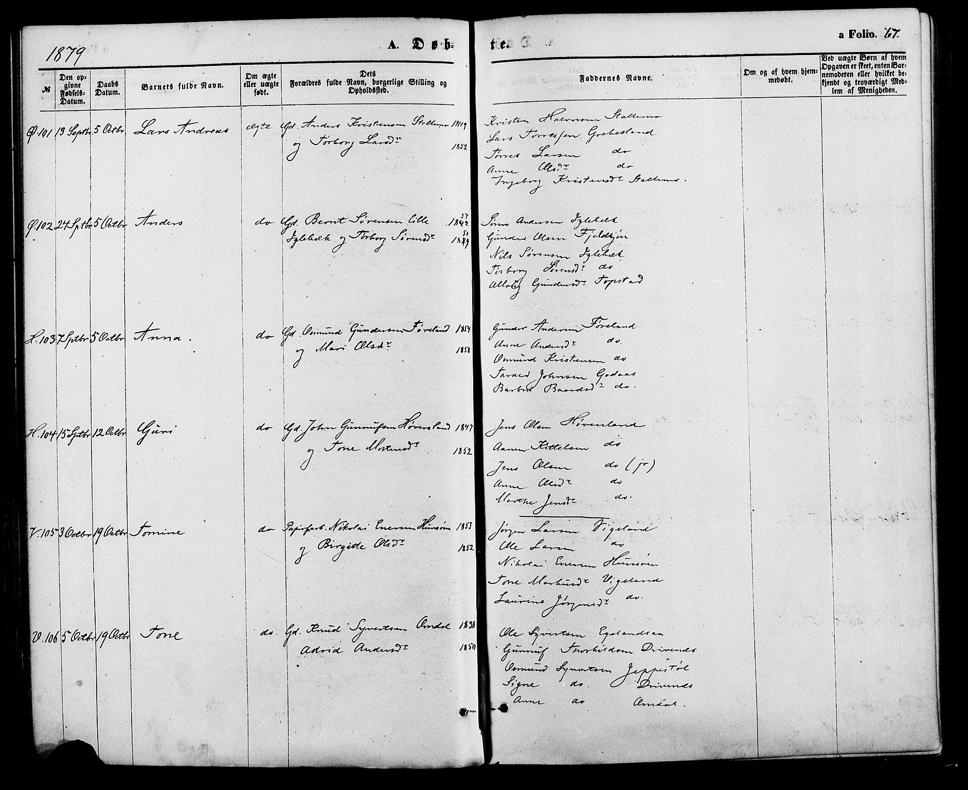 Vennesla sokneprestkontor, AV/SAK-1111-0045/Fa/Fac/L0008: Parish register (official) no. A 8, 1874-1883, p. 67