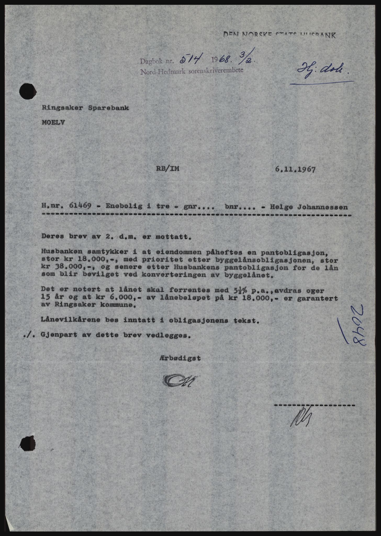 Nord-Hedmark sorenskriveri, SAH/TING-012/H/Hc/L0027: Mortgage book no. 27, 1967-1968, Diary no: : 514/1968