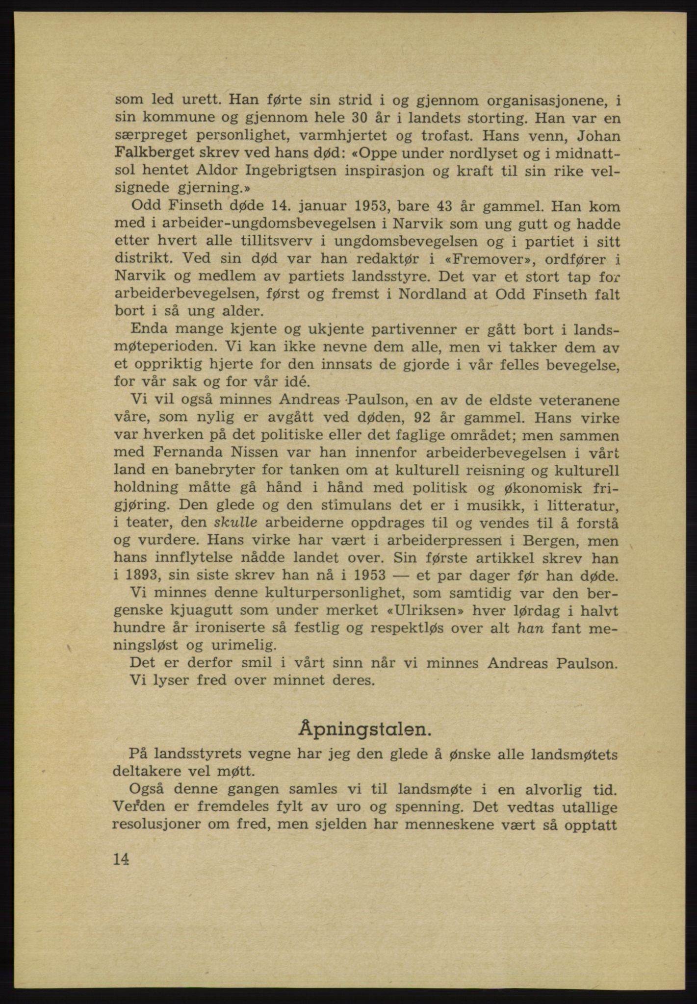 Det norske Arbeiderparti - publikasjoner, AAB/-/-/-: Protokoll over forhandlingene på det 34. ordinære landsmøte 22.-25. mars 1953 i Oslo, 1953, p. 14