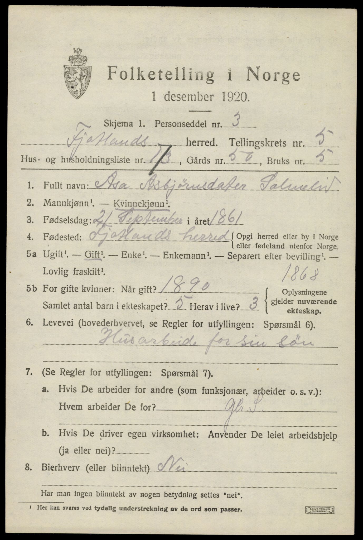 SAK, 1920 census for Fjotland, 1920, p. 1598
