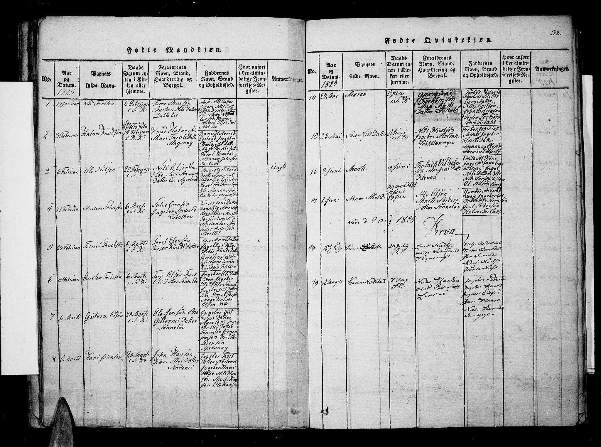 Søndeled sokneprestkontor, AV/SAK-1111-0038/F/Fa/L0001: Parish register (official) no. A 1, 1816-1838, p. 32