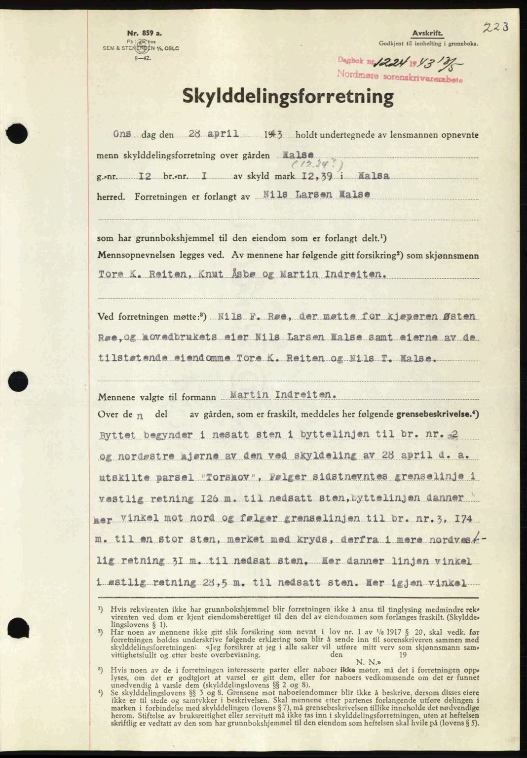 Nordmøre sorenskriveri, AV/SAT-A-4132/1/2/2Ca: Mortgage book no. A95, 1943-1943, Diary no: : 1224/1943