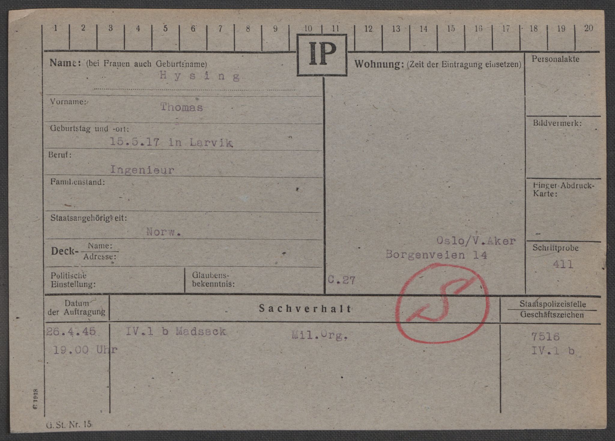 Befehlshaber der Sicherheitspolizei und des SD, AV/RA-RAFA-5969/E/Ea/Eaa/L0004: Register over norske fanger i Møllergata 19: Hal-Hæ, 1940-1945, p. 1477