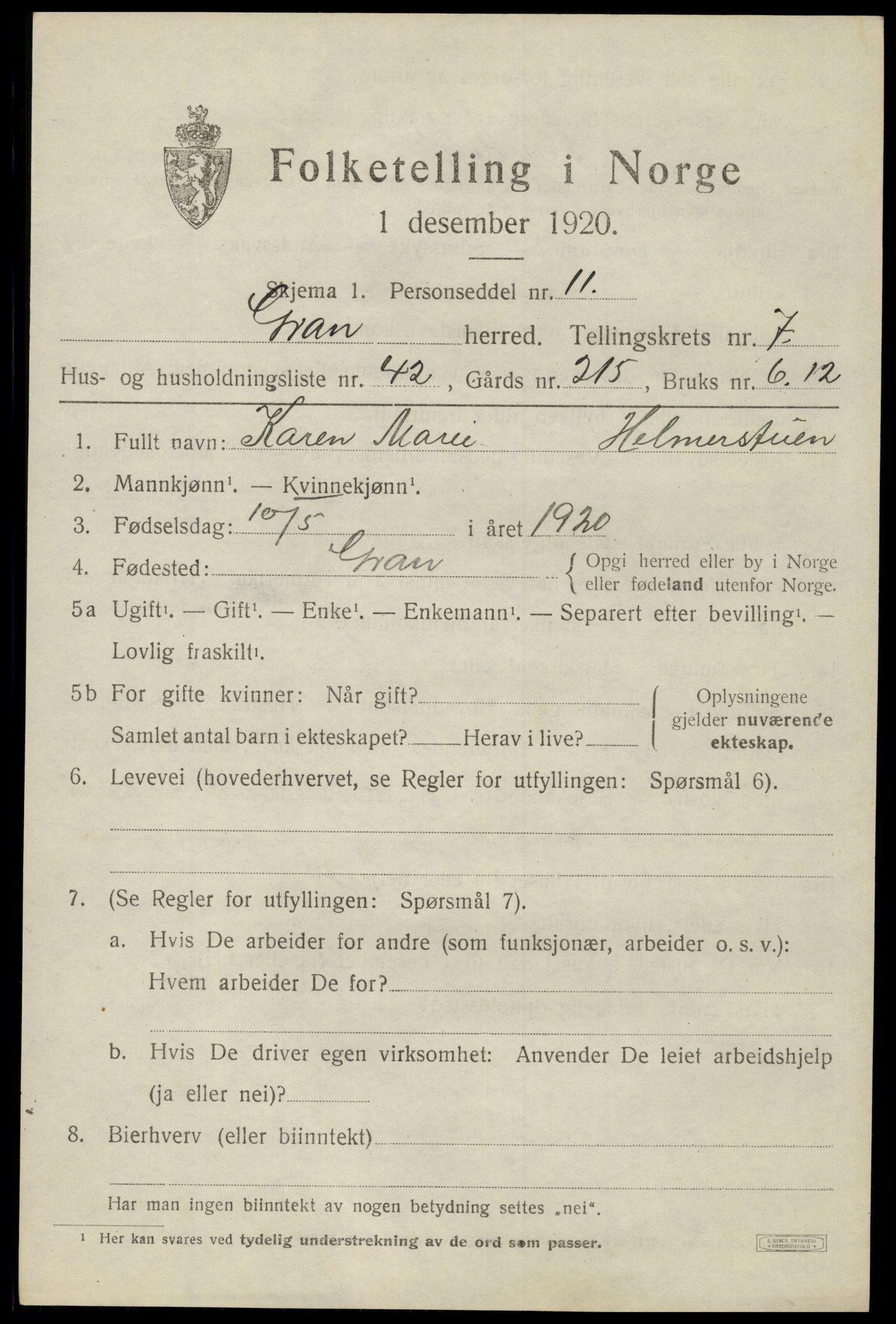 SAH, 1920 census for Gran, 1920, p. 9931