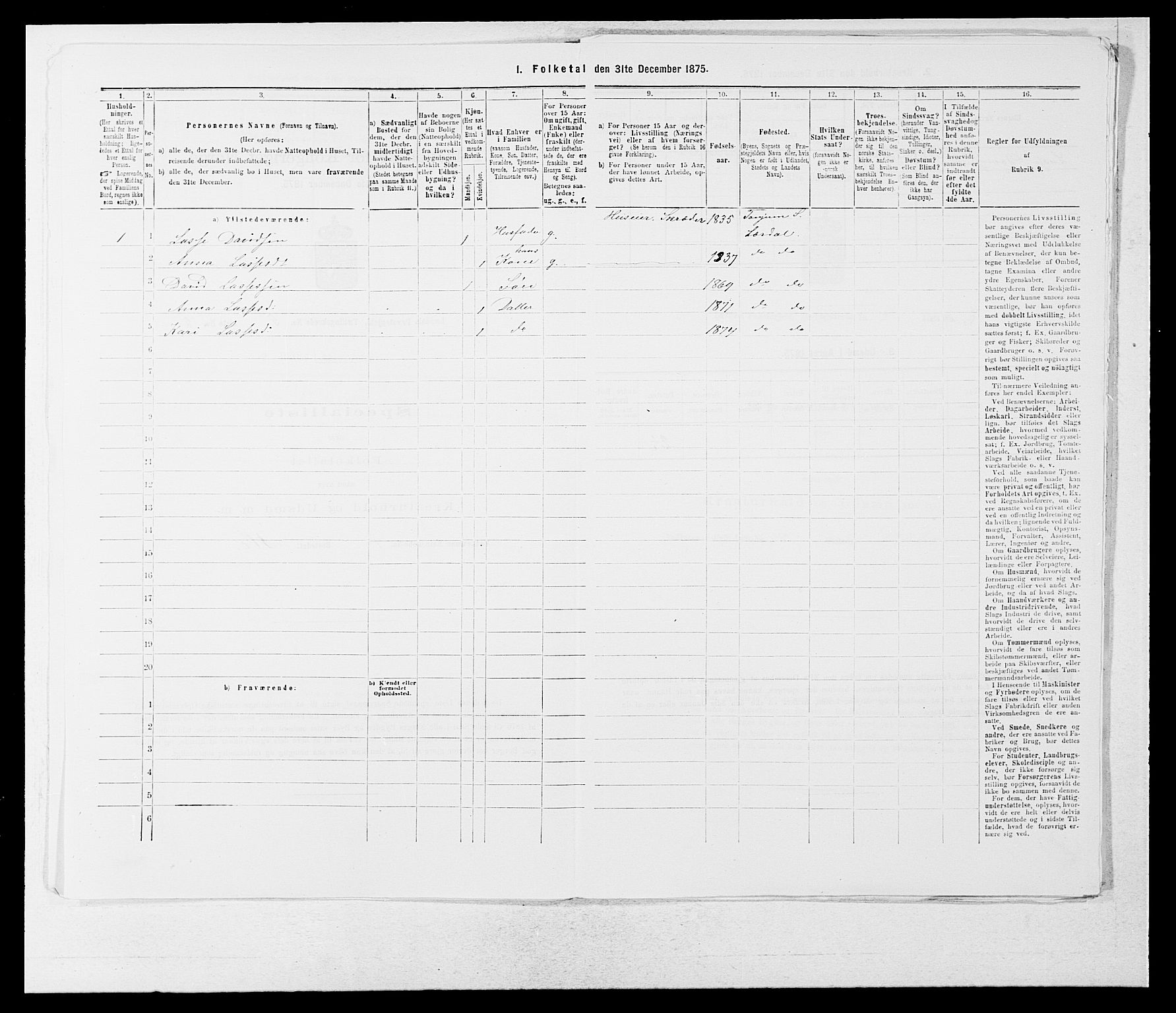 SAB, 1875 census for 1422P Lærdal, 1875, p. 650