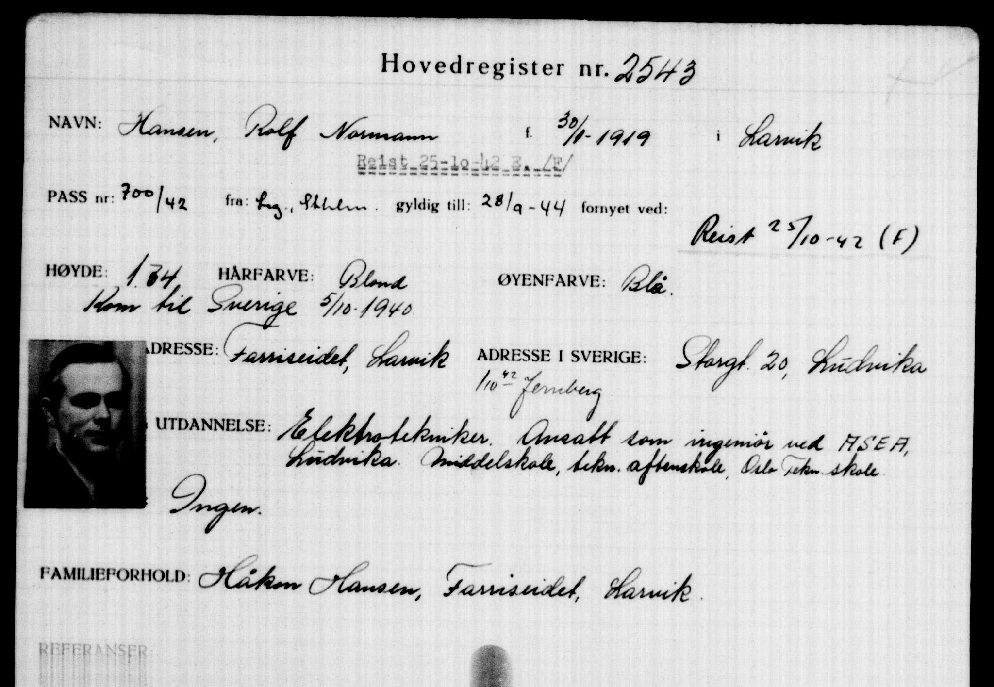 Utenriksstasjonene, Legasjonen i Stockholm, Flyktningkontoret, AV/RA-S-6753/V/Va/L0003: Kjesäterkartoteket, flyktninger med registreringsnr. 2001-3495, 1940-1945, p. 717
