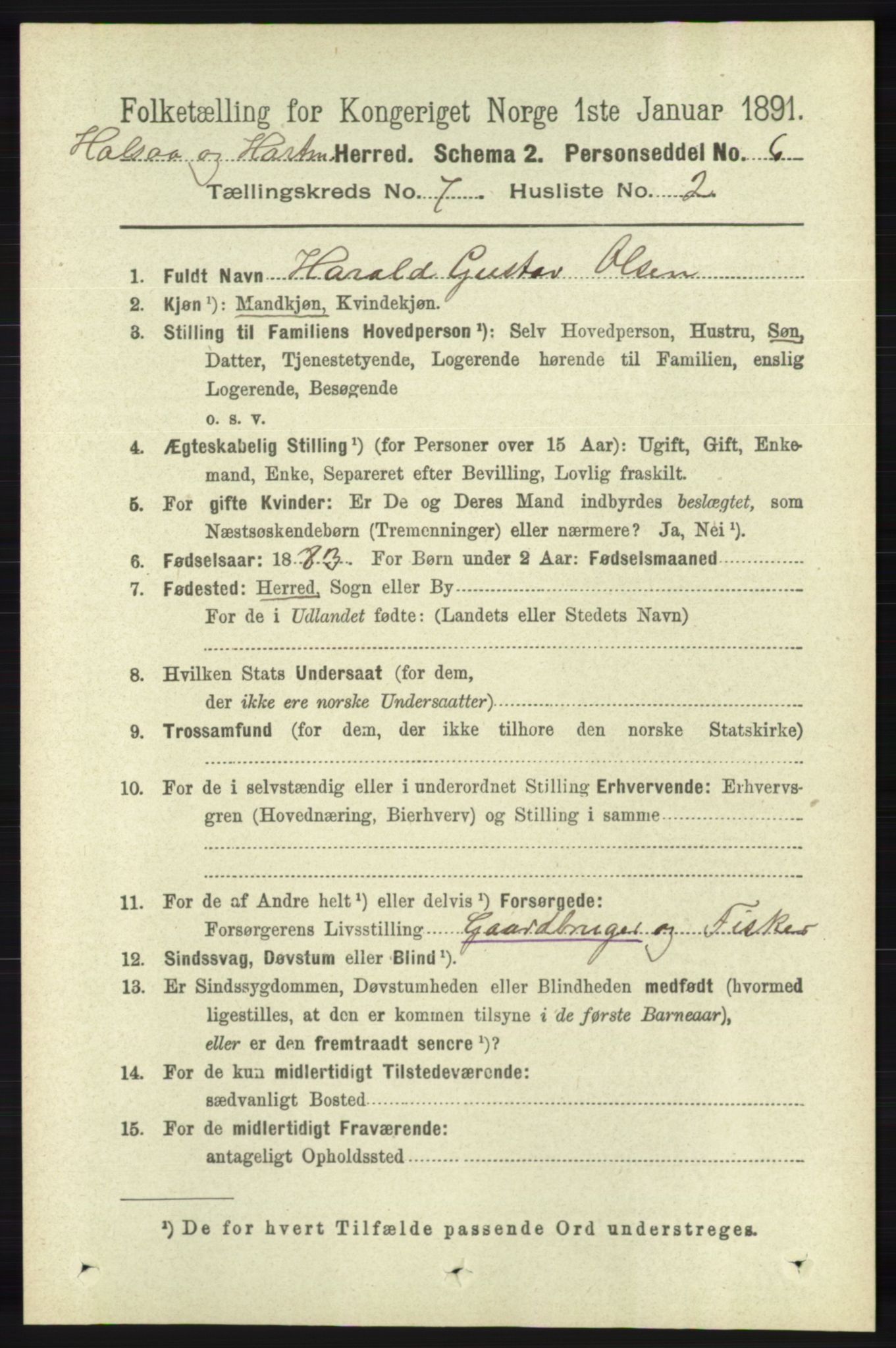 RA, 1891 census for 1019 Halse og Harkmark, 1891, p. 2756