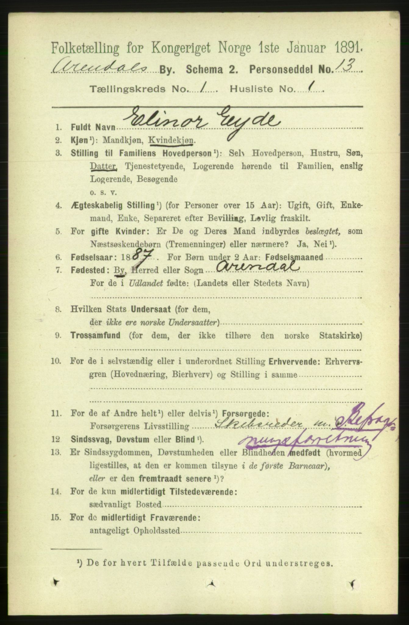 RA, 1891 census for 0903 Arendal, 1891, p. 939