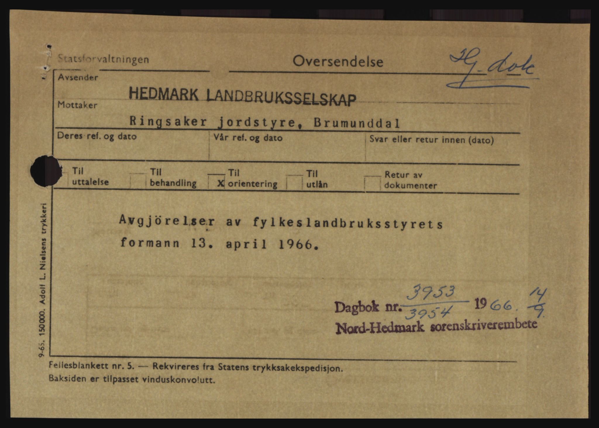 Nord-Hedmark sorenskriveri, AV/SAH-TING-012/H/Hc/L0024: Mortgage book no. 24, 1966-1966, Diary no: : 3953/1966