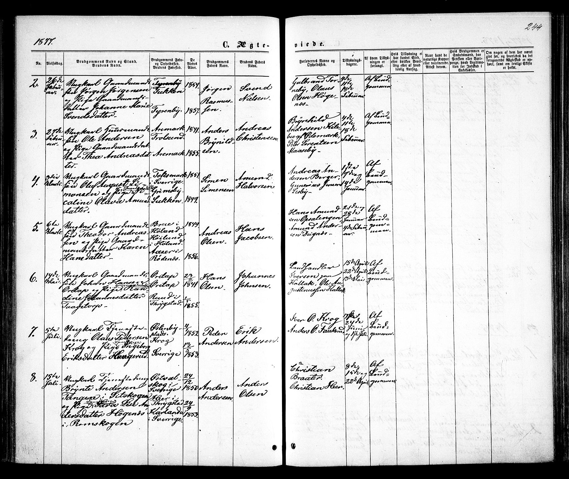 Rødenes prestekontor Kirkebøker, AV/SAO-A-2005/F/Fa/L0008: Parish register (official) no. I 8, 1869-1879, p. 244