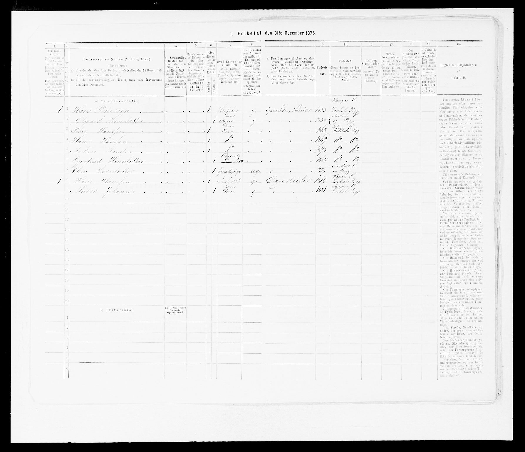 SAB, 1875 census for 1422P Lærdal, 1875, p. 22