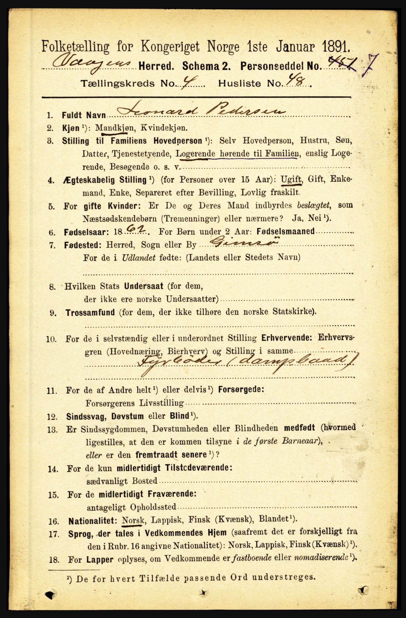 RA, 1891 census for 1865 Vågan, 1891, p. 1393