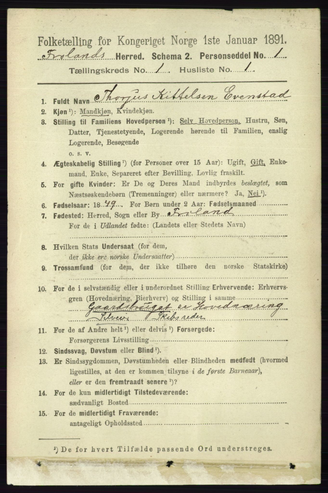 RA, 1891 census for 0919 Froland, 1891, p. 75