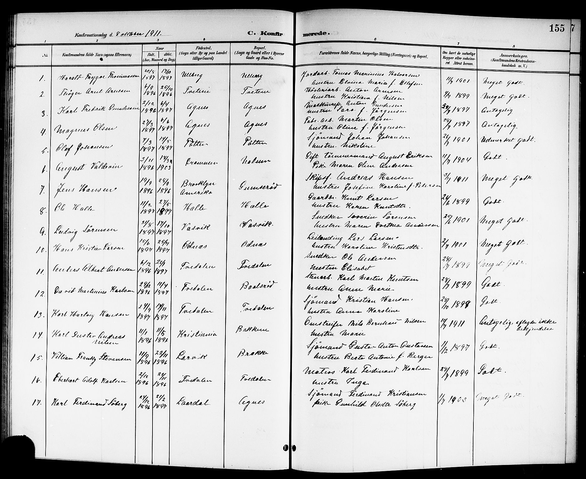 Brunlanes kirkebøker, SAKO/A-342/G/Ga/L0004: Parish register (copy) no. I 4, 1898-1921, p. 155