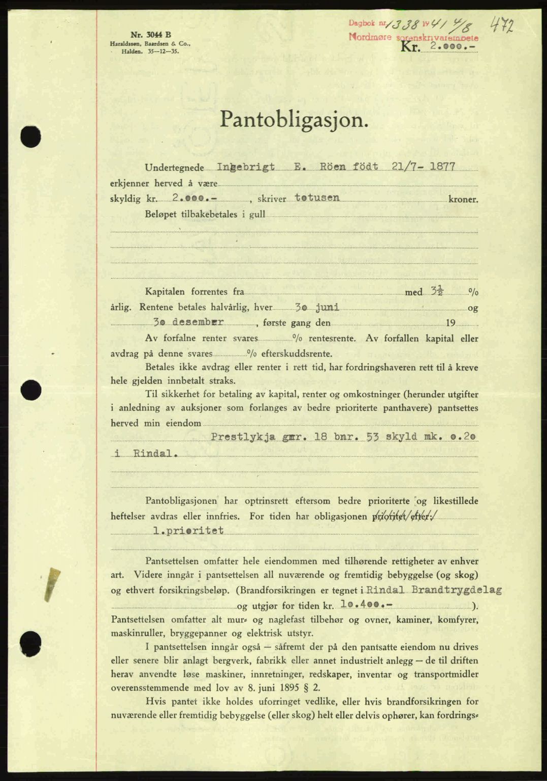 Nordmøre sorenskriveri, SAT/A-4132/1/2/2Ca: Mortgage book no. A90, 1941-1941, Diary no: : 1338/1941