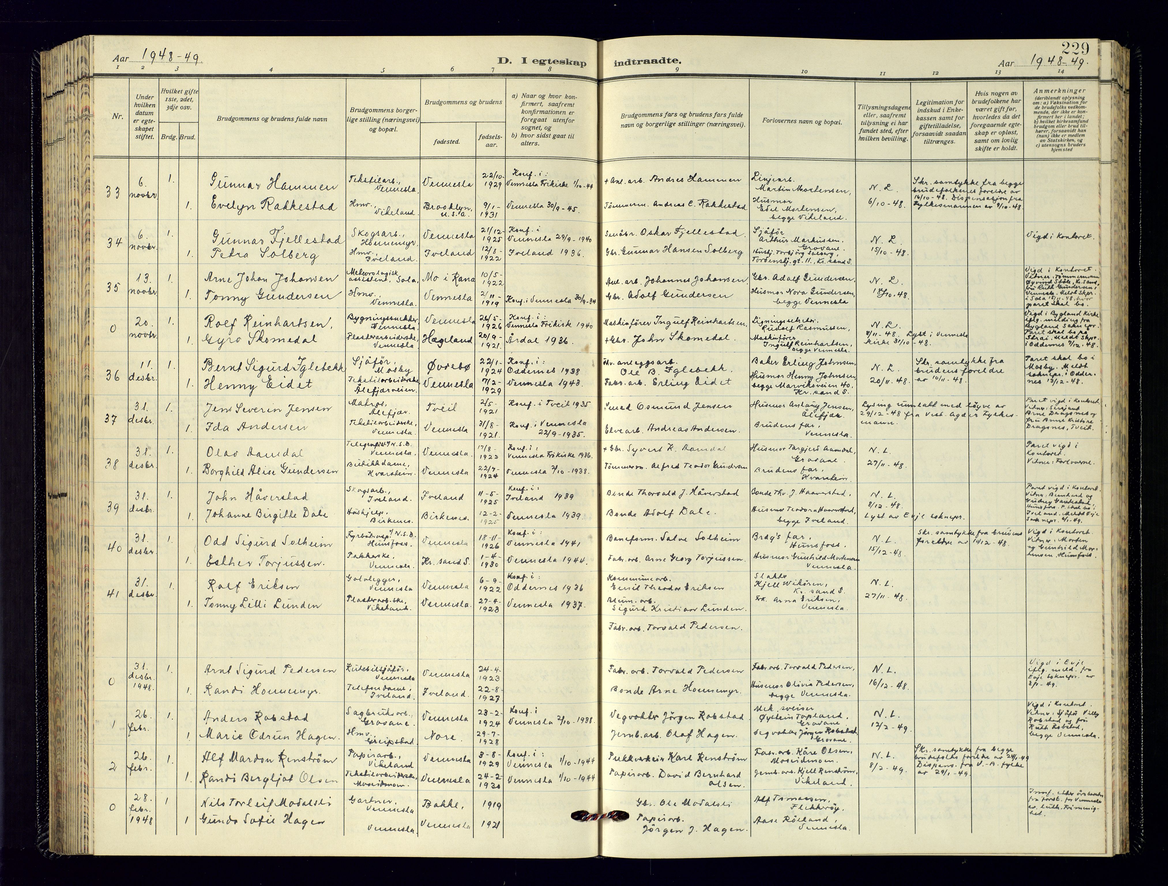 Vennesla sokneprestkontor, SAK/1111-0045/Fb/Fbb/L0009: Parish register (copy) no. B-9, 1948-1961, p. 229