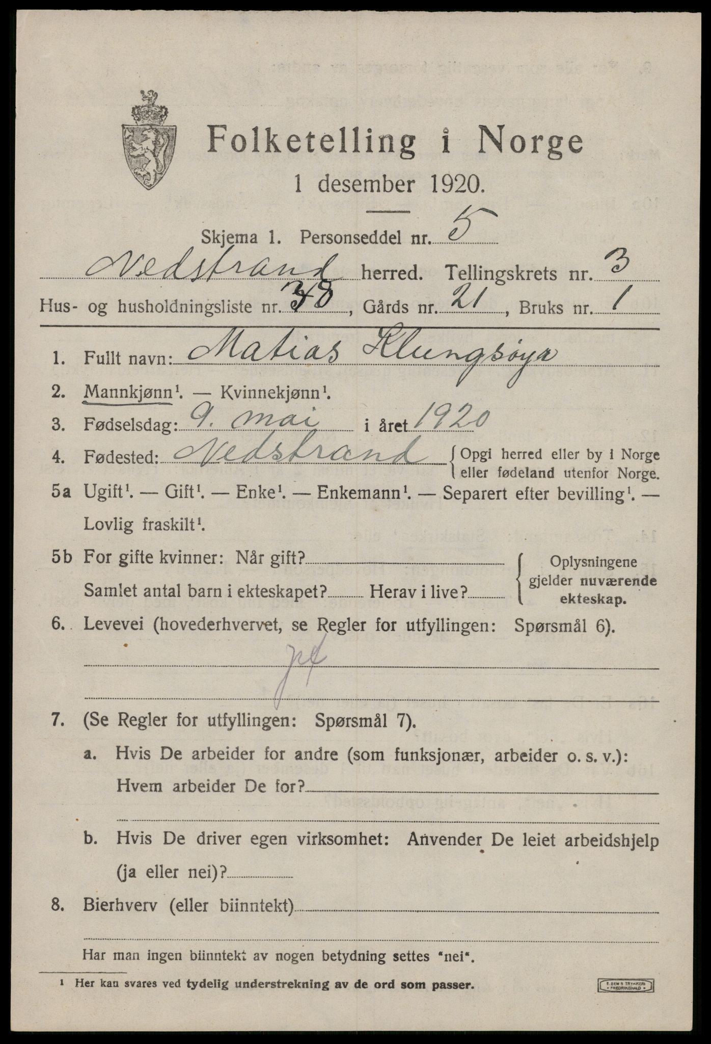 SAST, 1920 census for Nedstrand, 1920, p. 1729