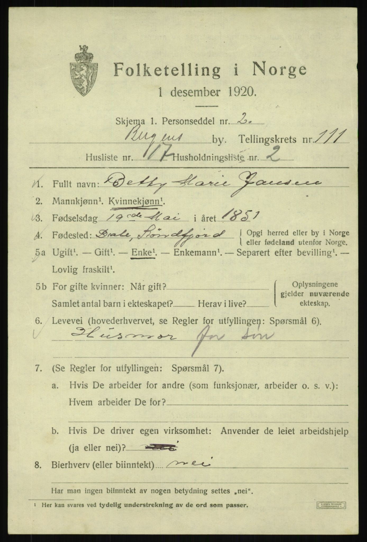 SAB, 1920 census for Bergen, 1920, p. 191499