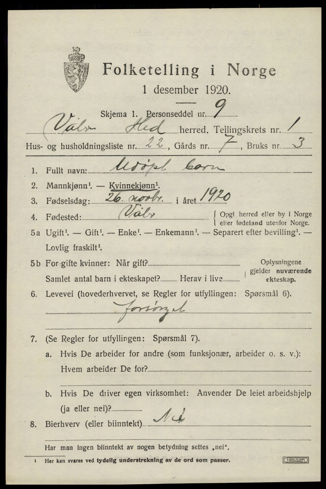 SAH, 1920 census for Våler (Hedmark), 1920, p. 1853