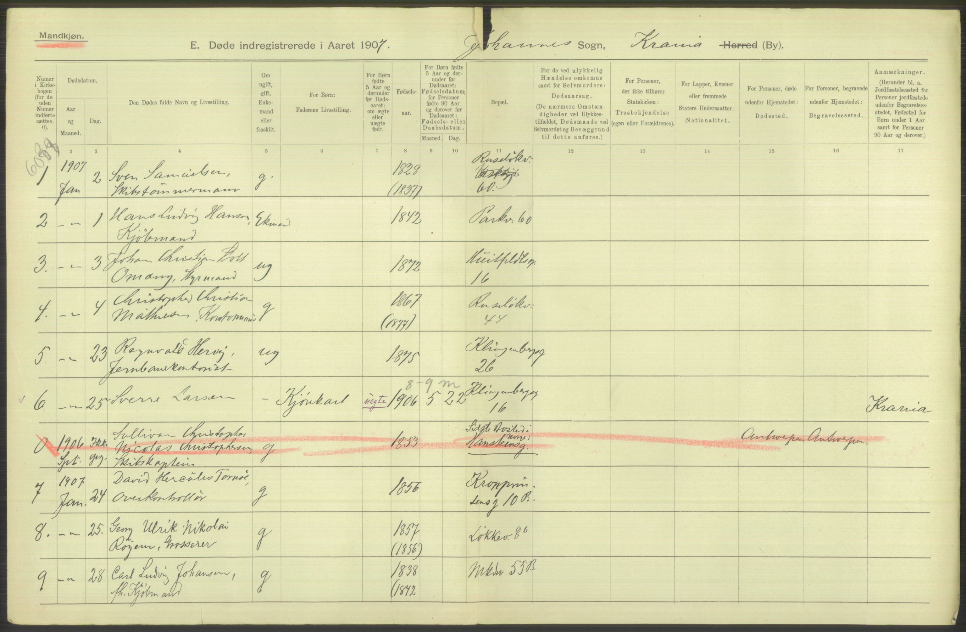 Statistisk sentralbyrå, Sosiodemografiske emner, Befolkning, RA/S-2228/D/Df/Dfa/Dfae/L0010: Kristiania: Døde, dødfødte, 1907, p. 464