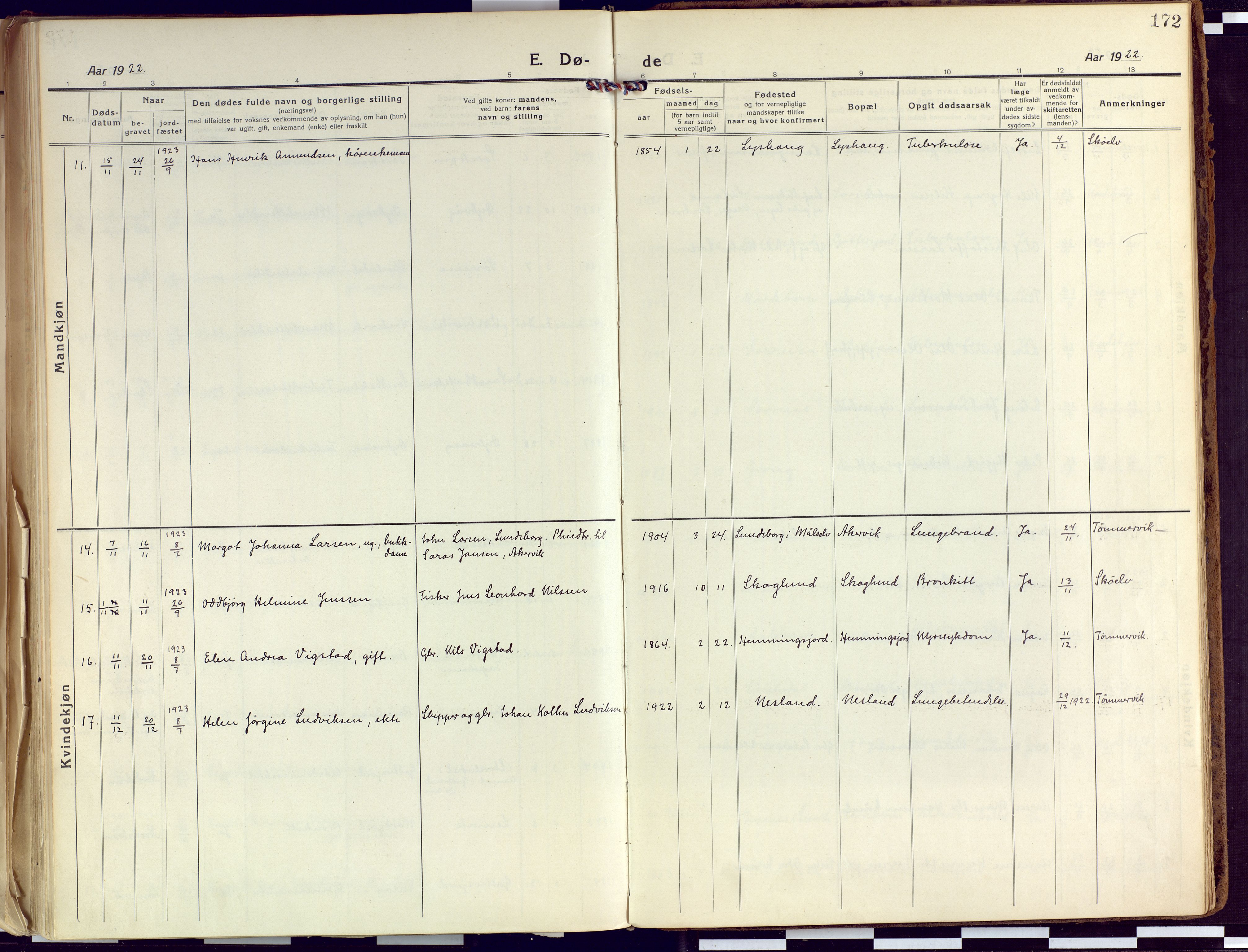 Tranøy sokneprestkontor, AV/SATØ-S-1313/I/Ia/Iaa/L0015kirke: Parish register (official) no. 15, 1919-1928, p. 172