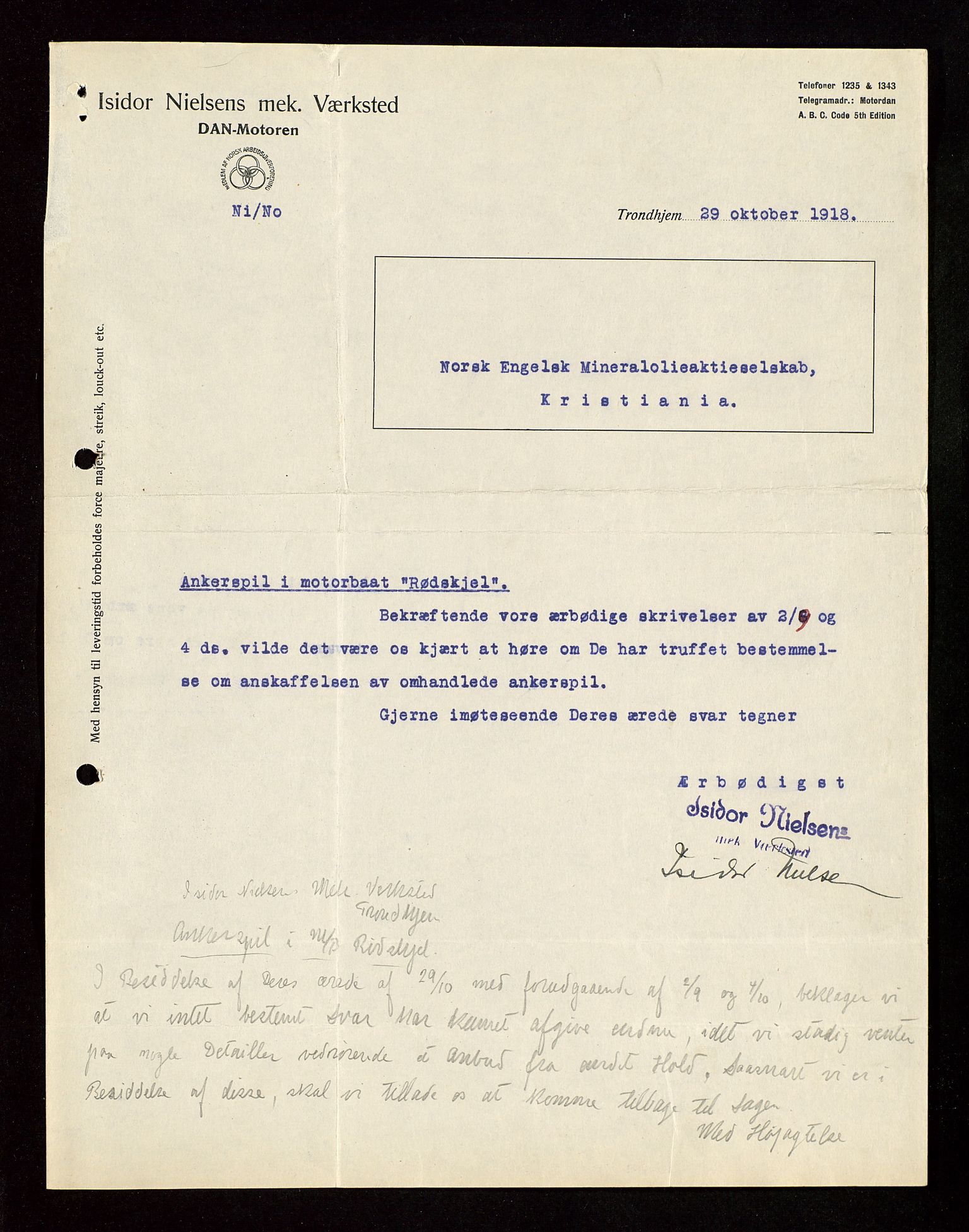 Pa 1521 - A/S Norske Shell, AV/SAST-A-101915/E/Ea/Eaa/L0003: Sjefskorrespondanse, 1918, p. 162