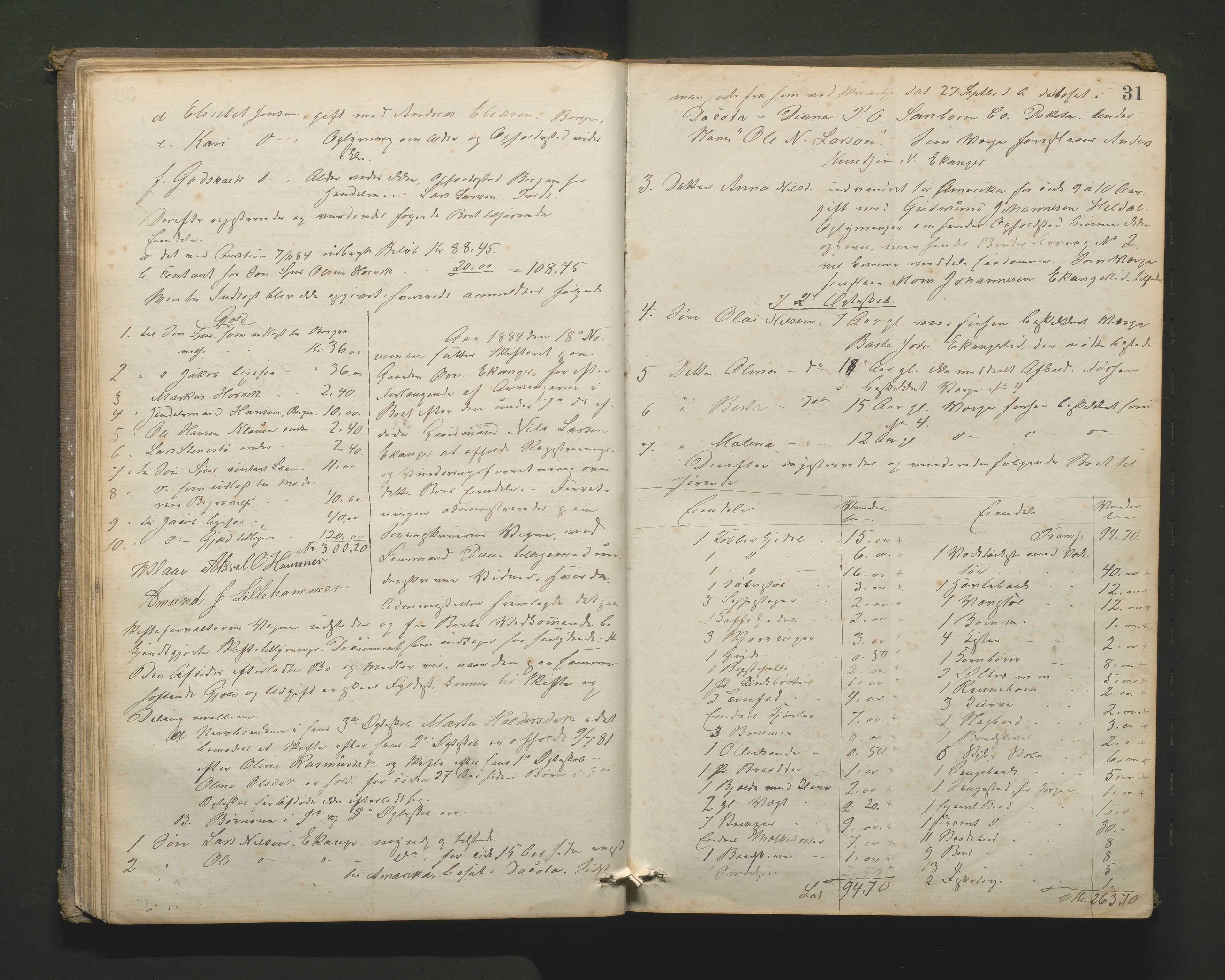 Lensmannen i Hamre, AV/SAB-A-32601/0006/L0001: Registreringsprotokoll, 1881-1896, p. 30b-31a