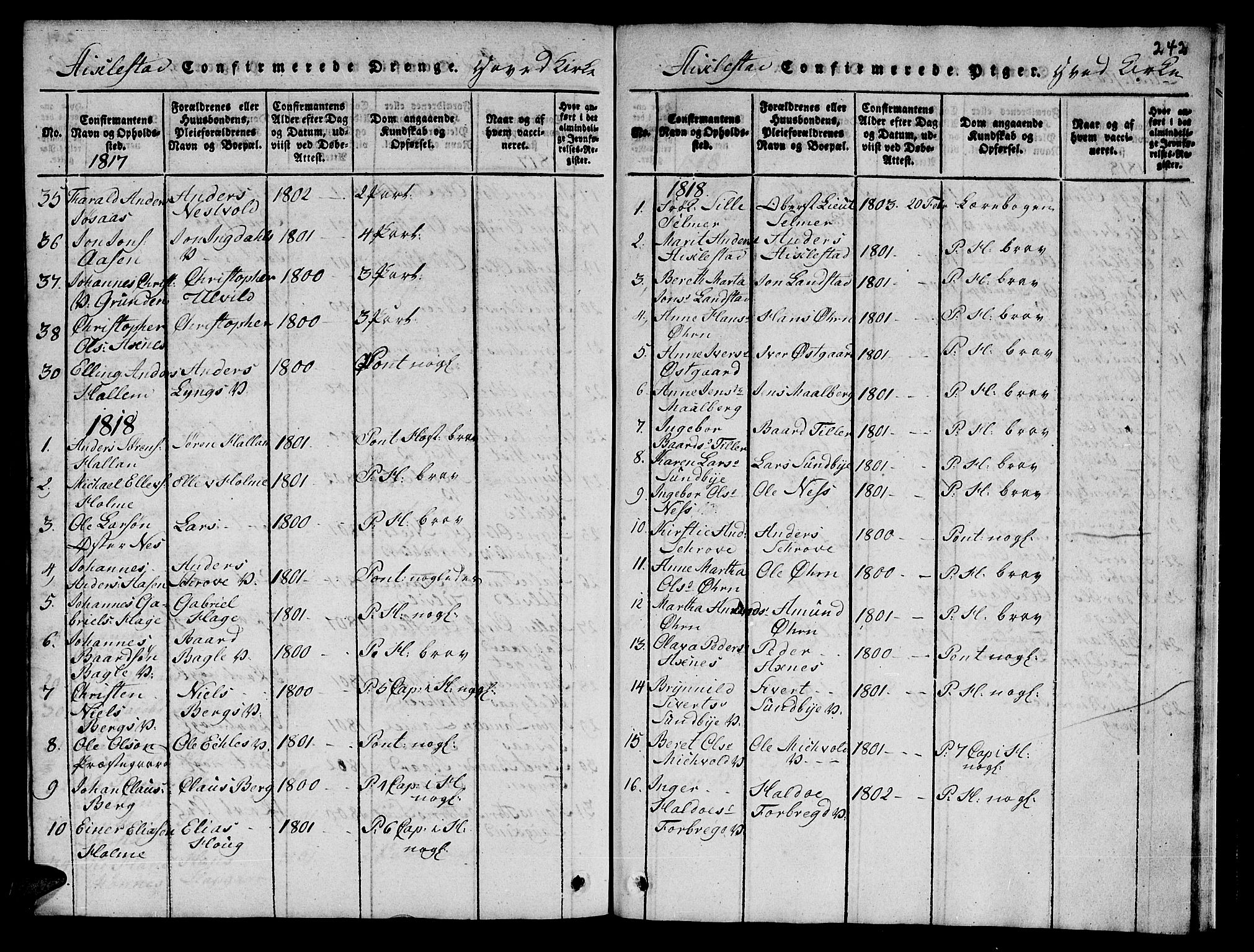 Ministerialprotokoller, klokkerbøker og fødselsregistre - Nord-Trøndelag, SAT/A-1458/723/L0251: Parish register (copy) no. 723C01 /1, 1816-1831, p. 242