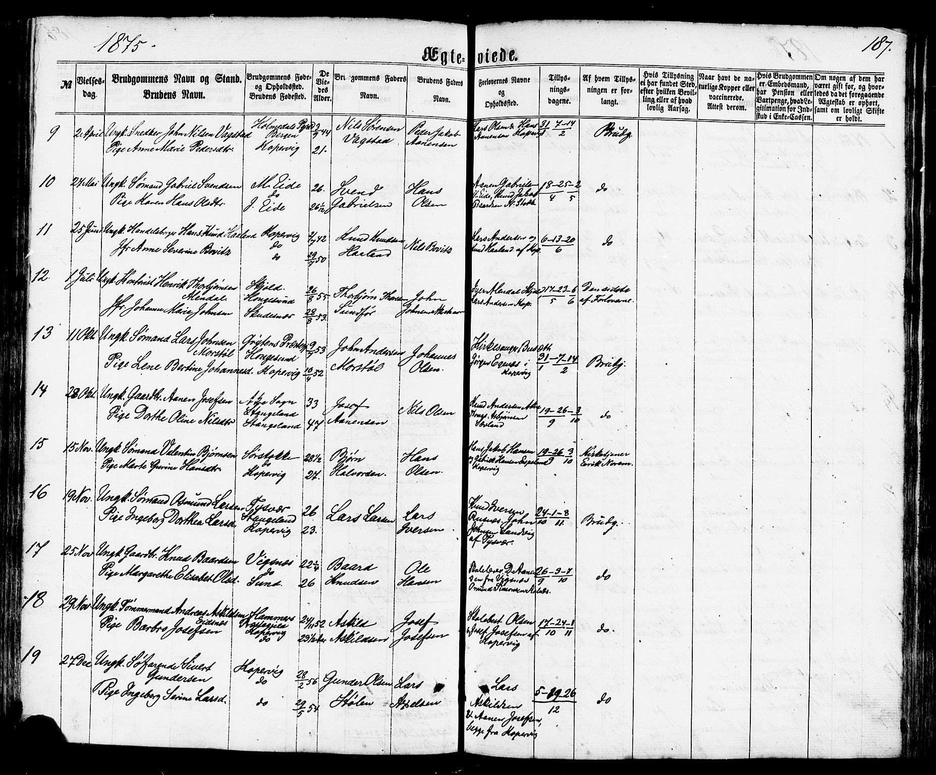 Avaldsnes sokneprestkontor, SAST/A -101851/H/Ha/Haa/L0011: Parish register (official) no. A 11, 1861-1880, p. 187