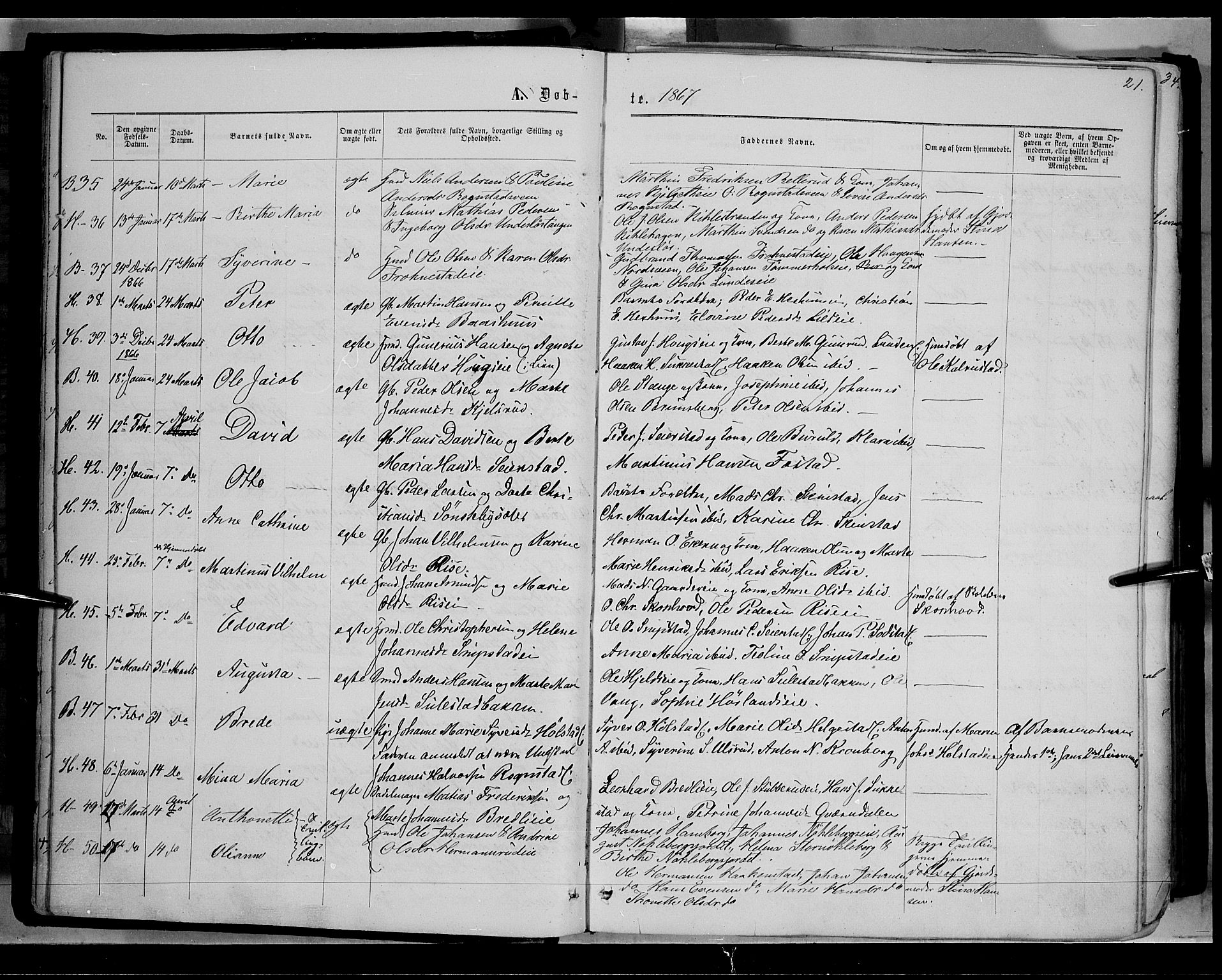Østre Toten prestekontor, SAH/PREST-104/H/Ha/Haa/L0005: Parish register (official) no. 5, 1866-1877, p. 21