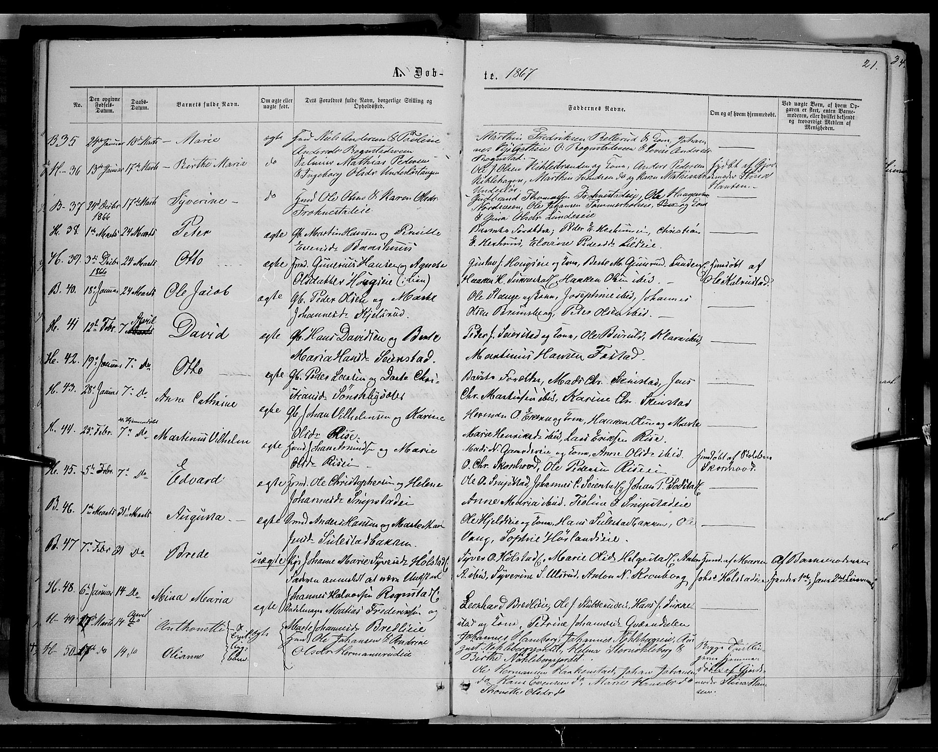 Østre Toten prestekontor, AV/SAH-PREST-104/H/Ha/Haa/L0005: Parish register (official) no. 5, 1866-1877, p. 21