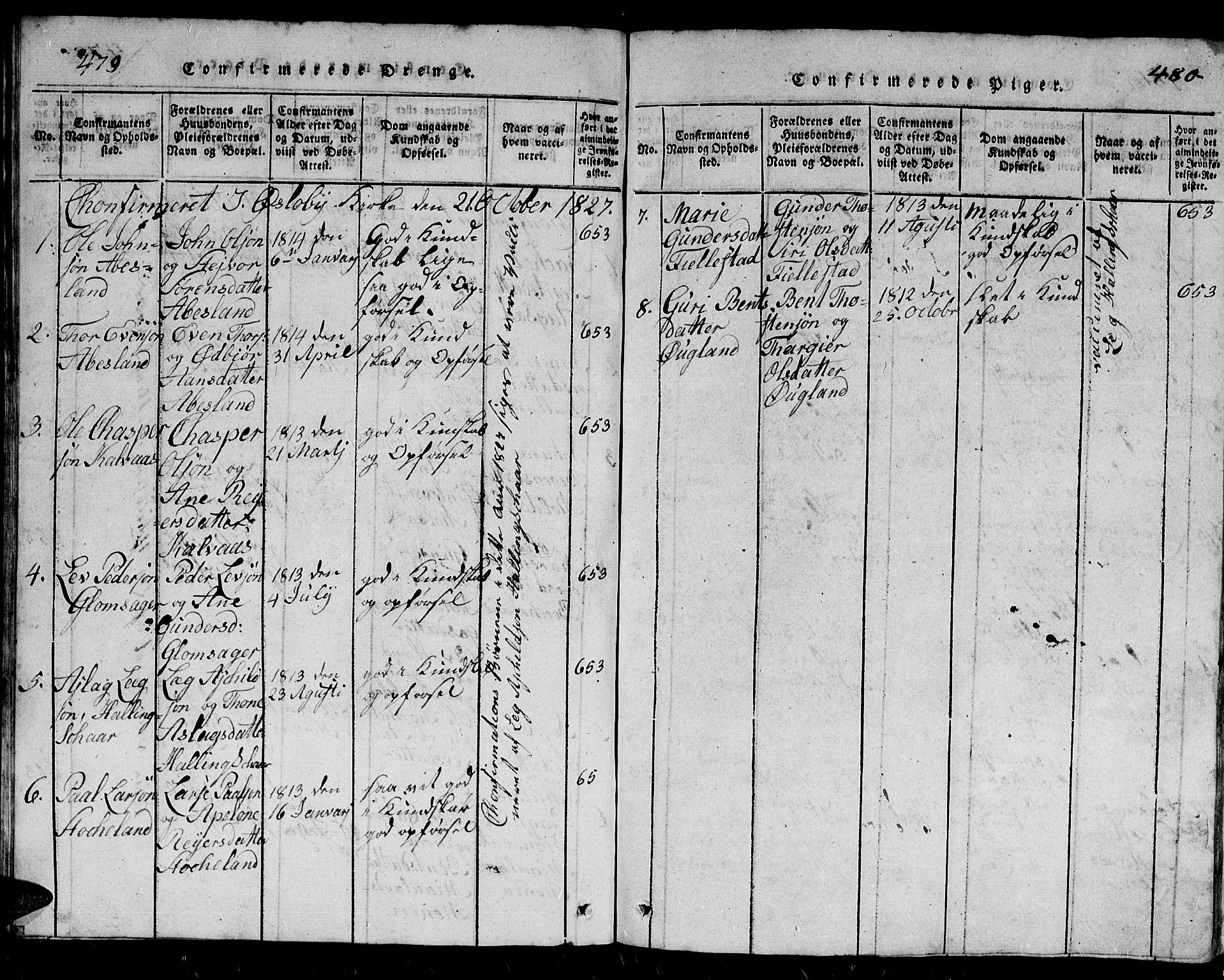 Holum sokneprestkontor, SAK/1111-0022/F/Fb/Fbb/L0001: Parish register (copy) no. B 1, 1820-1847, p. 479-480