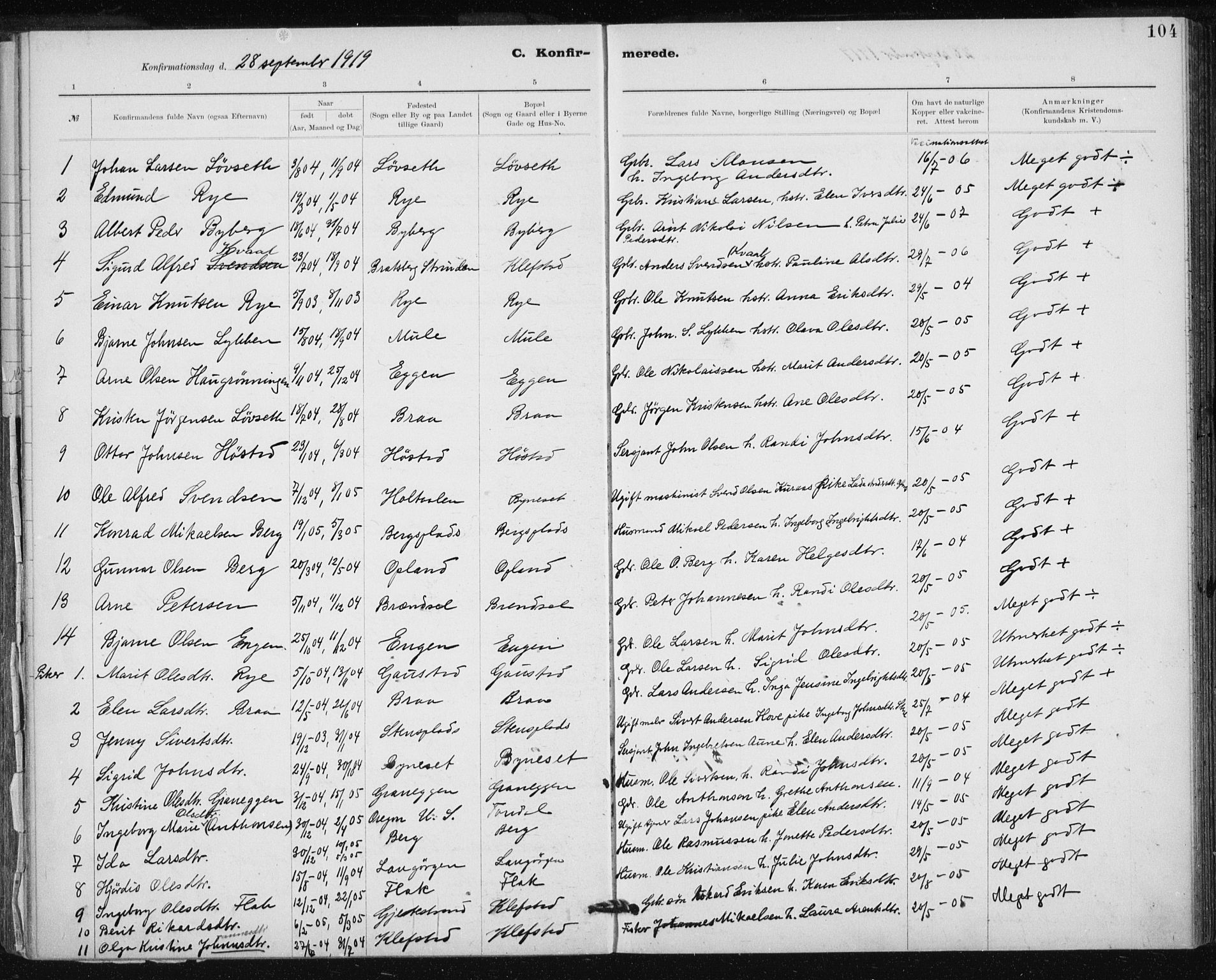 Ministerialprotokoller, klokkerbøker og fødselsregistre - Sør-Trøndelag, SAT/A-1456/612/L0381: Parish register (official) no. 612A13, 1907-1923, p. 104