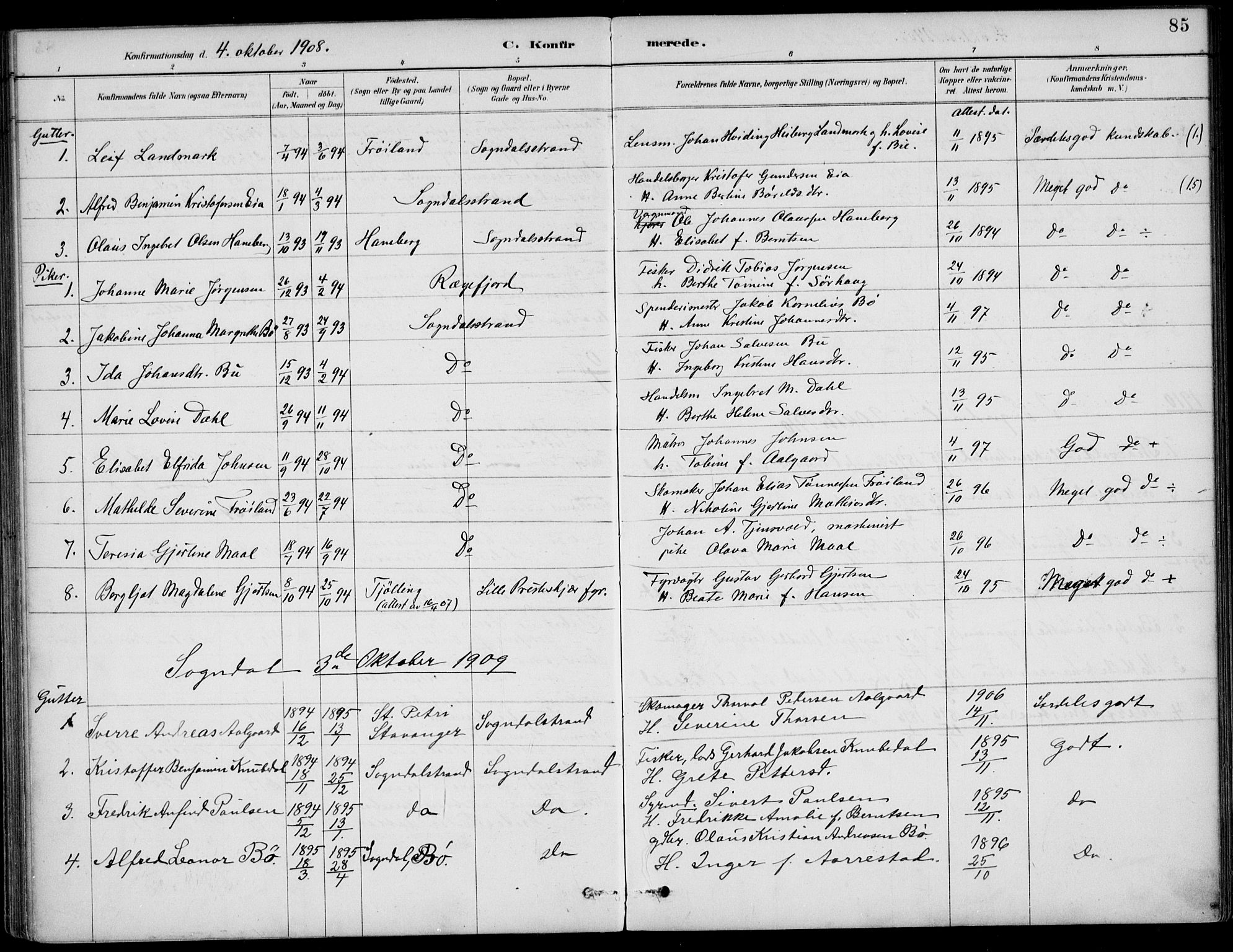 Sokndal sokneprestkontor, AV/SAST-A-101808: Parish register (official) no. A 12, 1887-1927, p. 85